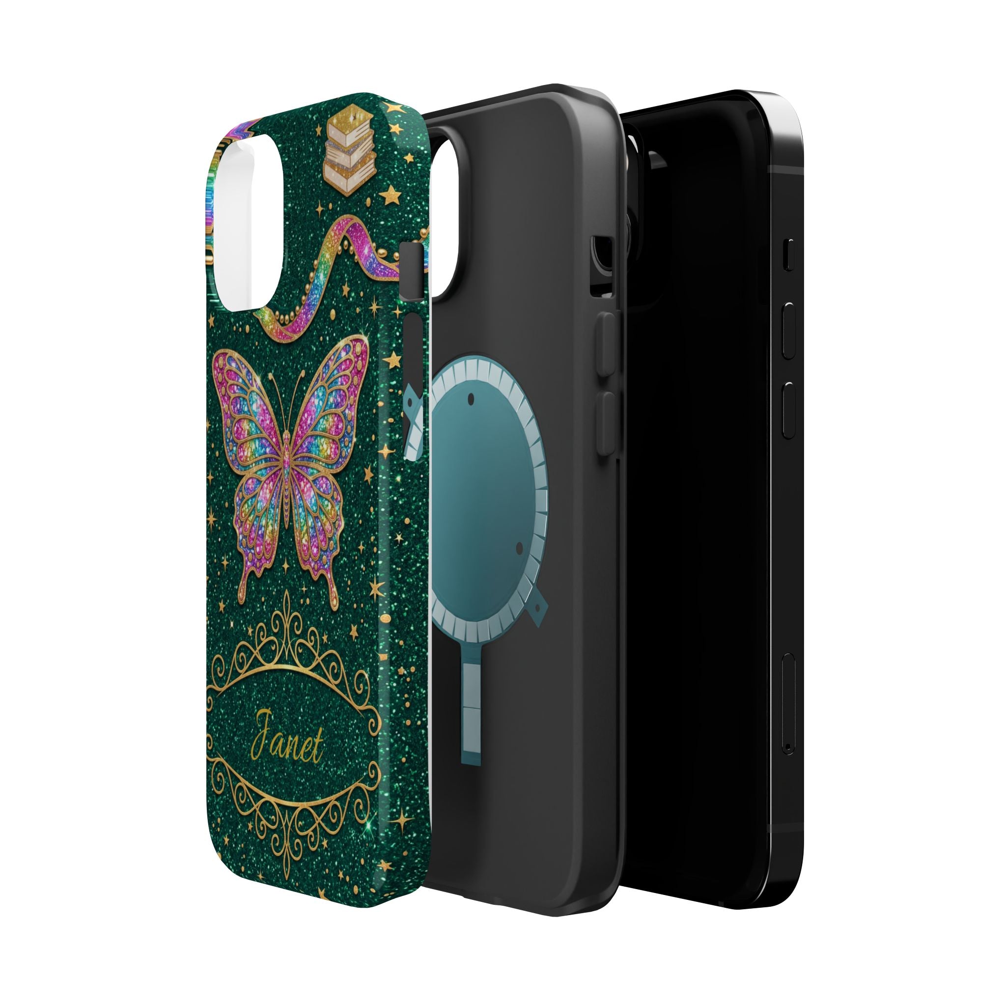 Rainbow Glitter Butterfly Personalized Teacher Phone Case — Wireless Charging Cover