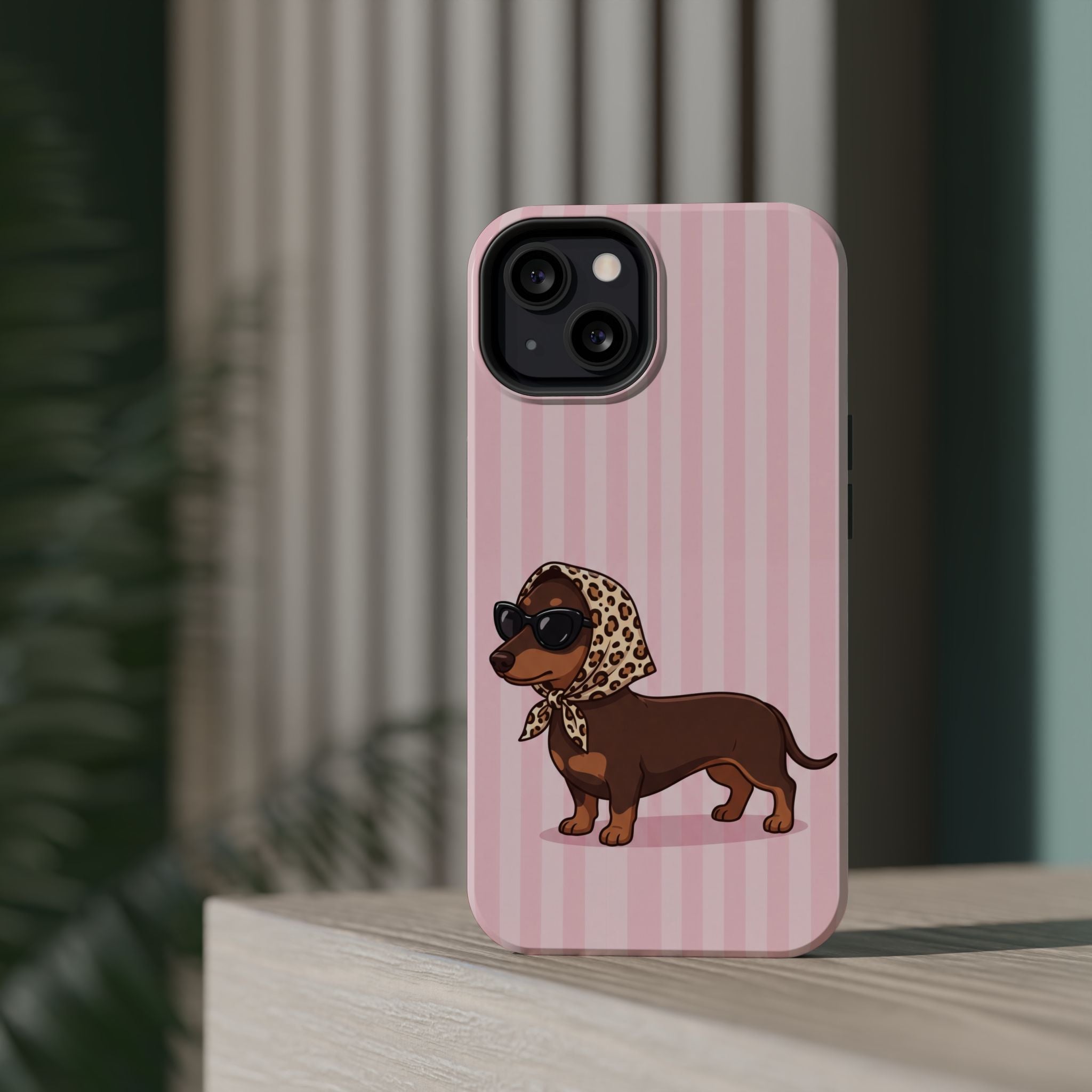 Glam Dachshund Phone Case | Cute Sausage Dog in Leopard Scarf & Sunglasses | Pink Stripe Case for iPhone & Samsung