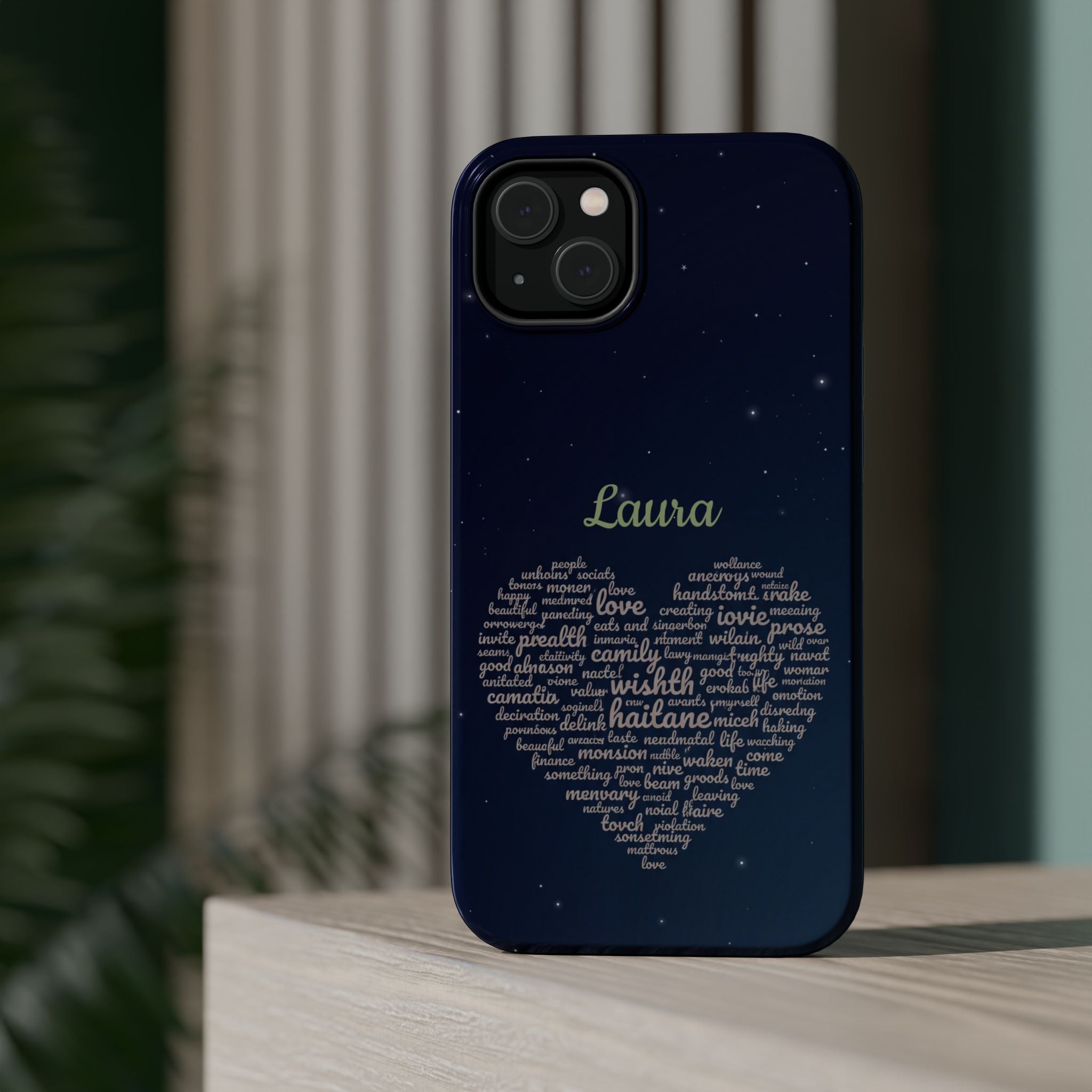 Personalized Teacher Heart Word Art Phone Case — Navy Wireless Charging Cover