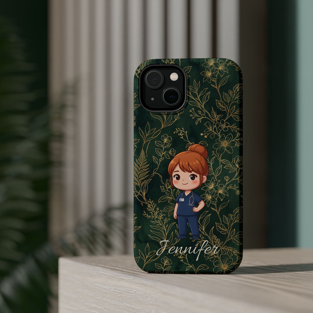 Personalized Nurse Botanical Phone Case — Impact-Resistant Wireless Charging Cover