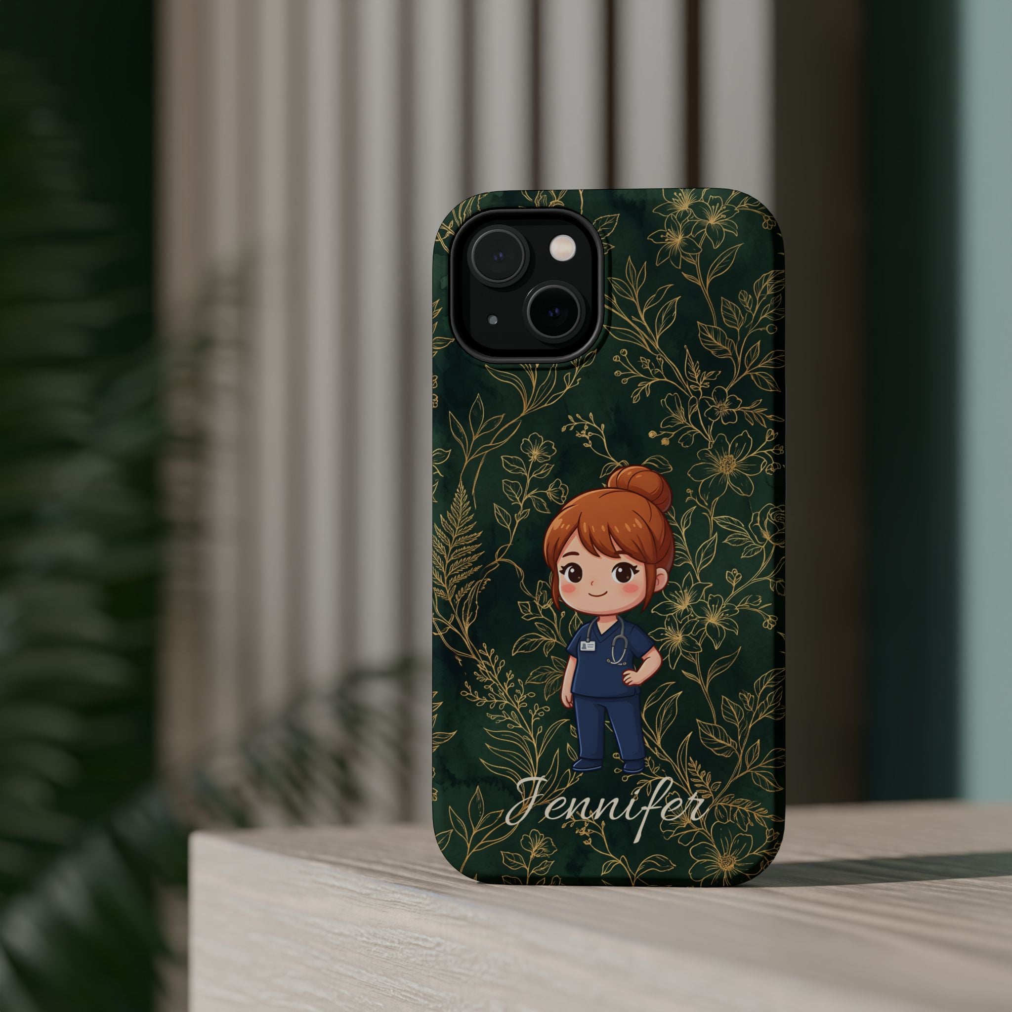 Personalized Nurse Botanical Phone Case — Impact-Resistant Wireless Charging Cover