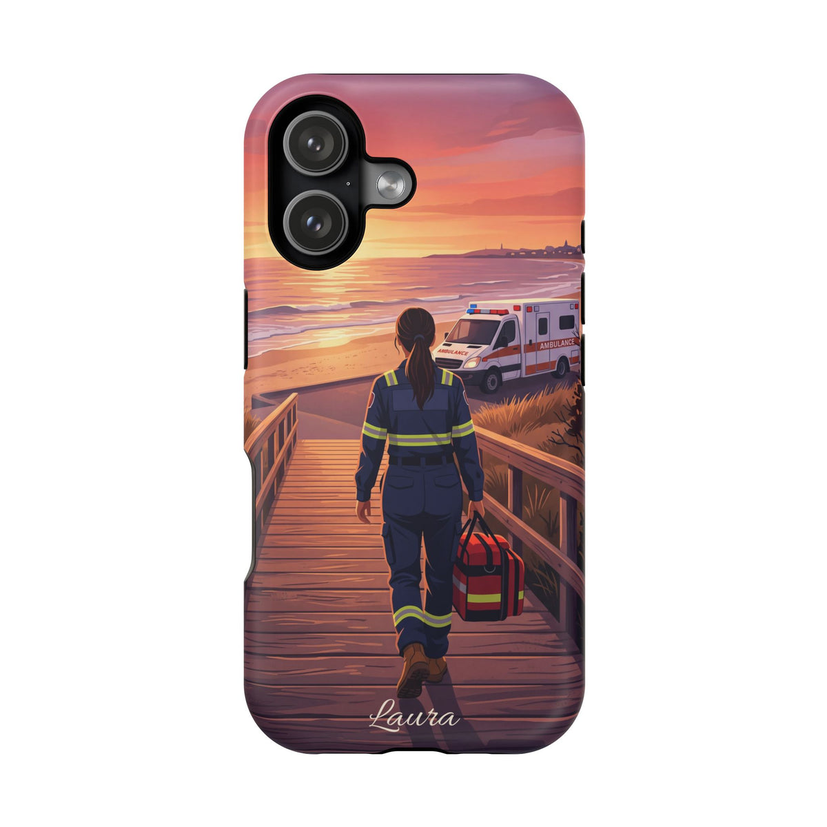 Sunset Boardwalk Personalized Paramedic Phone Case — Wireless Charging Cover