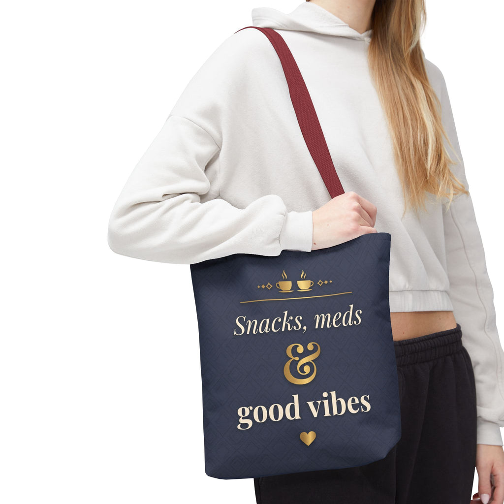 Snacks Meds & Good Vibes Tote | Funny Nurse Gift Tote Bag | Healthcare Worker Humour Gift | Premium Polyester Carry-All
