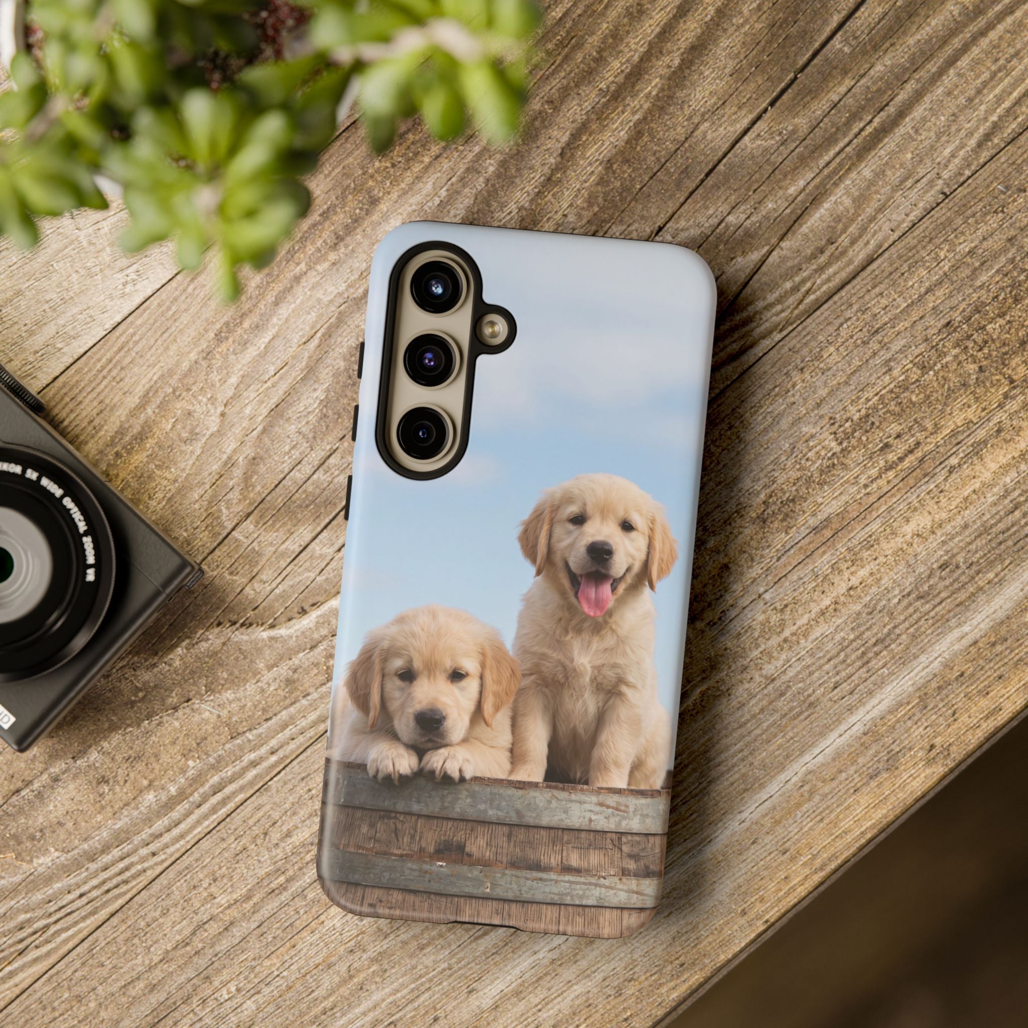Golden Retriever Puppies on Barrel Phone Case | Cute Duo Under Blue Sky | iPhone & Samsung