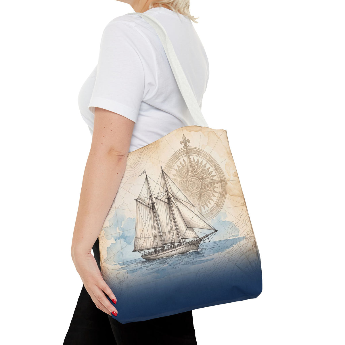 Vintage Schooner Tote Bag – Antique Nautical Map Compass Beach Bag
