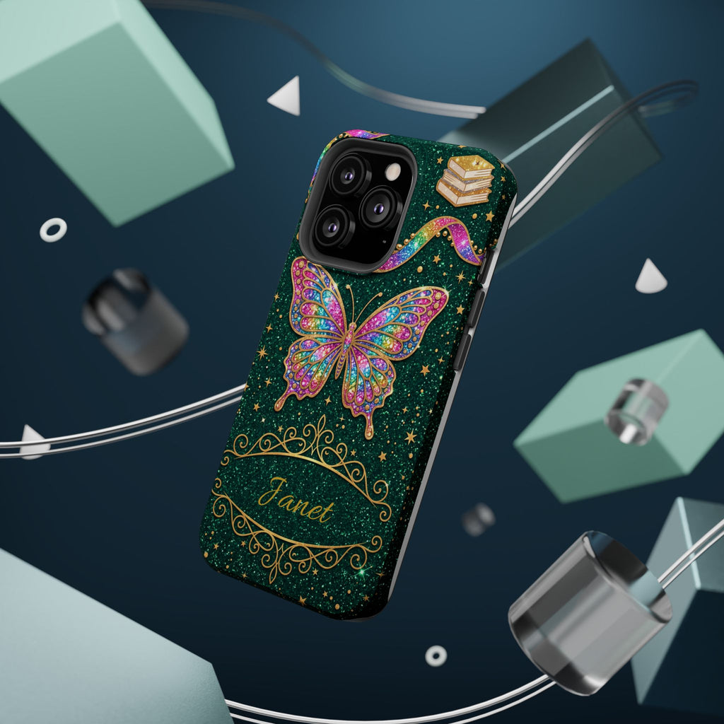 Rainbow Glitter Butterfly Personalized Teacher Phone Case — Wireless Charging Cover