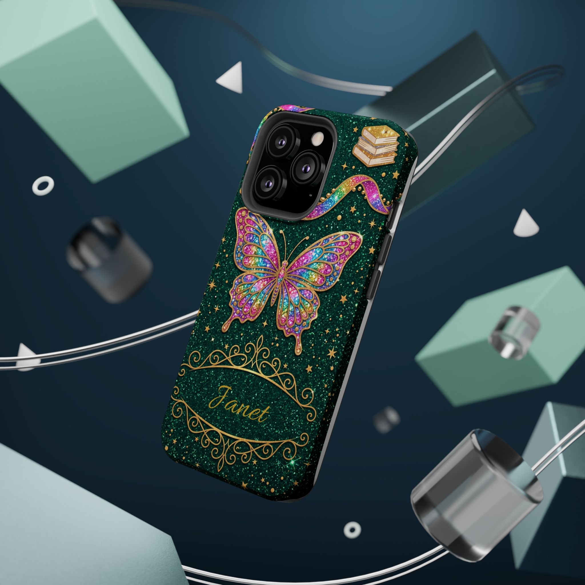 Rainbow Glitter Butterfly Personalized Teacher Phone Case — Wireless Charging Cover