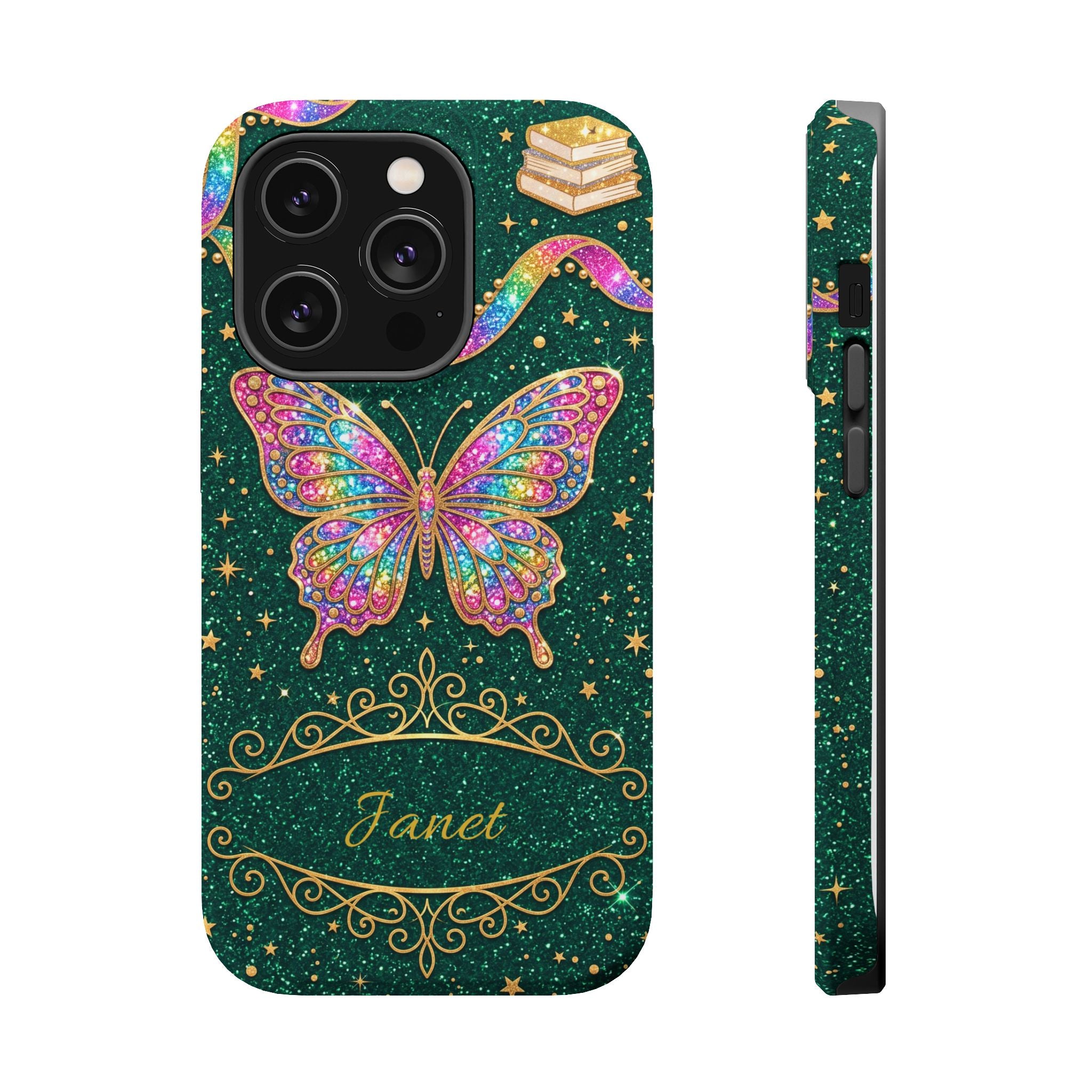 Rainbow Glitter Butterfly Personalized Teacher Phone Case — Wireless Charging Cover
