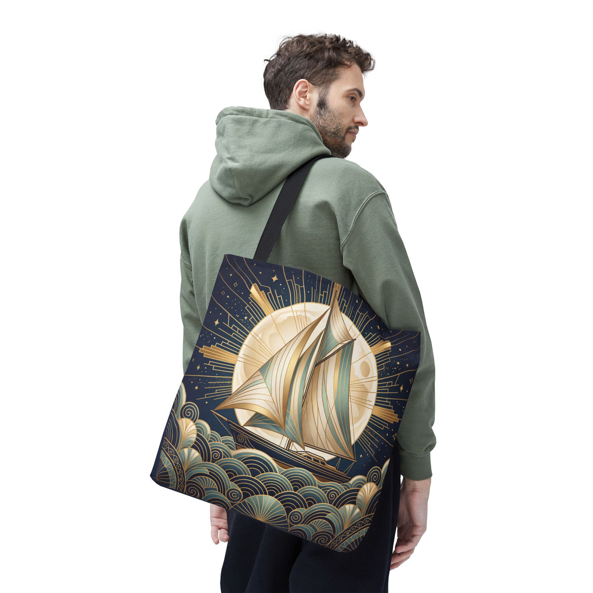 Art Deco Moonlit Sailboat Tote Bag – Starry Night Nautical Beach Bag