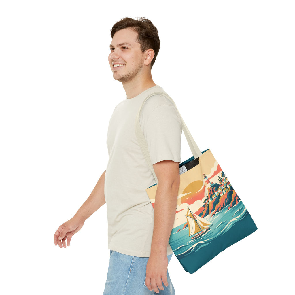 Coastal Lighthouse Sailboat Tote Bag – Retro Seaside Sunset Beach Bag