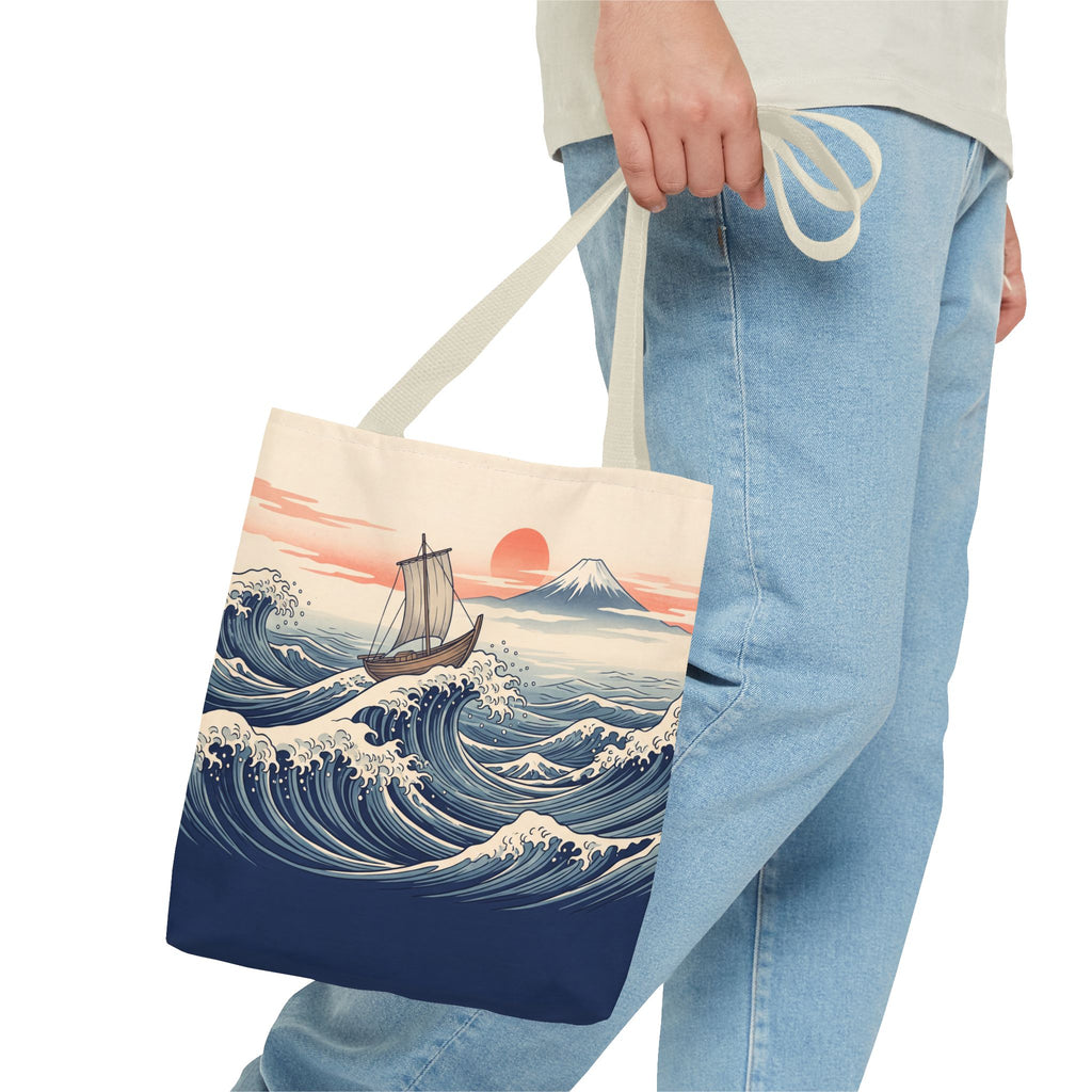 Japanese Wave Sailboat Tote Bag – Woodblock Style Ocean Beach Bag