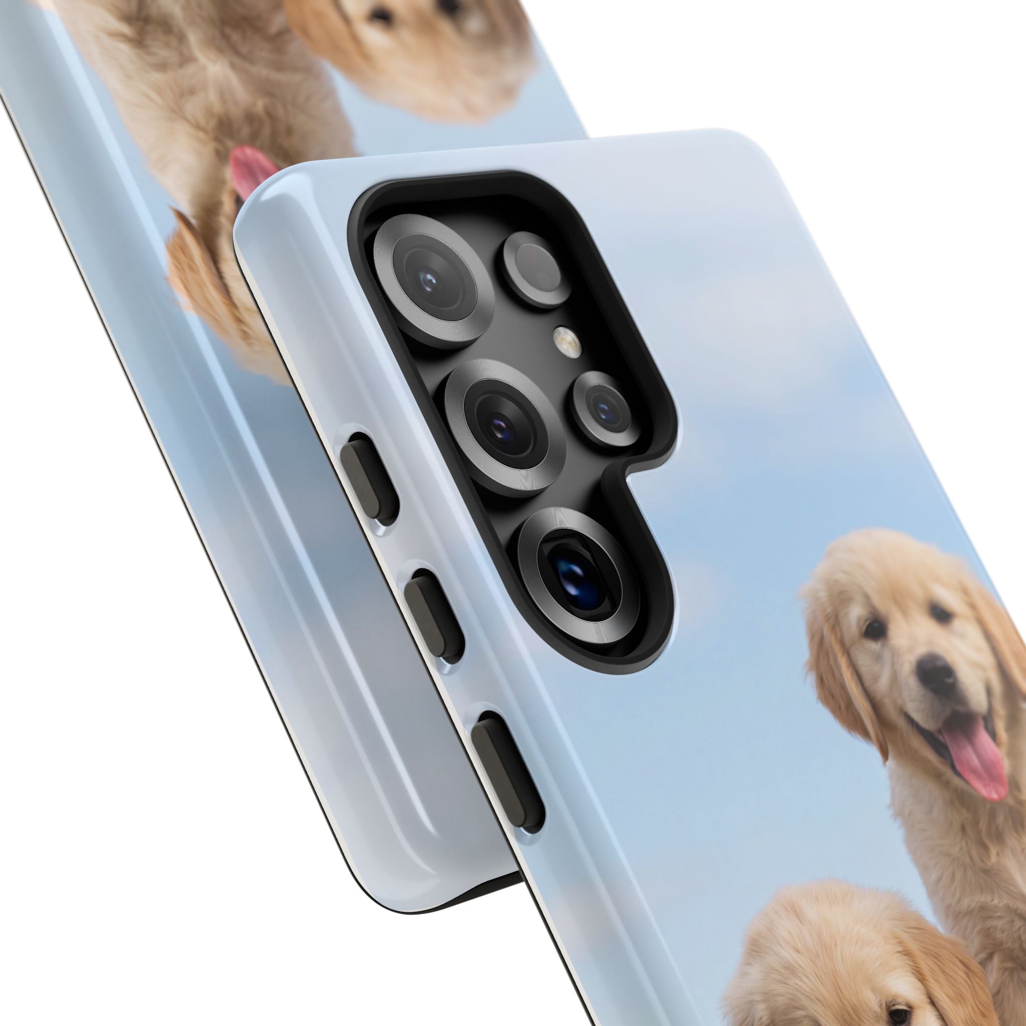 Golden Retriever Puppies on Barrel Phone Case | Cute Duo Under Blue Sky | iPhone & Samsung