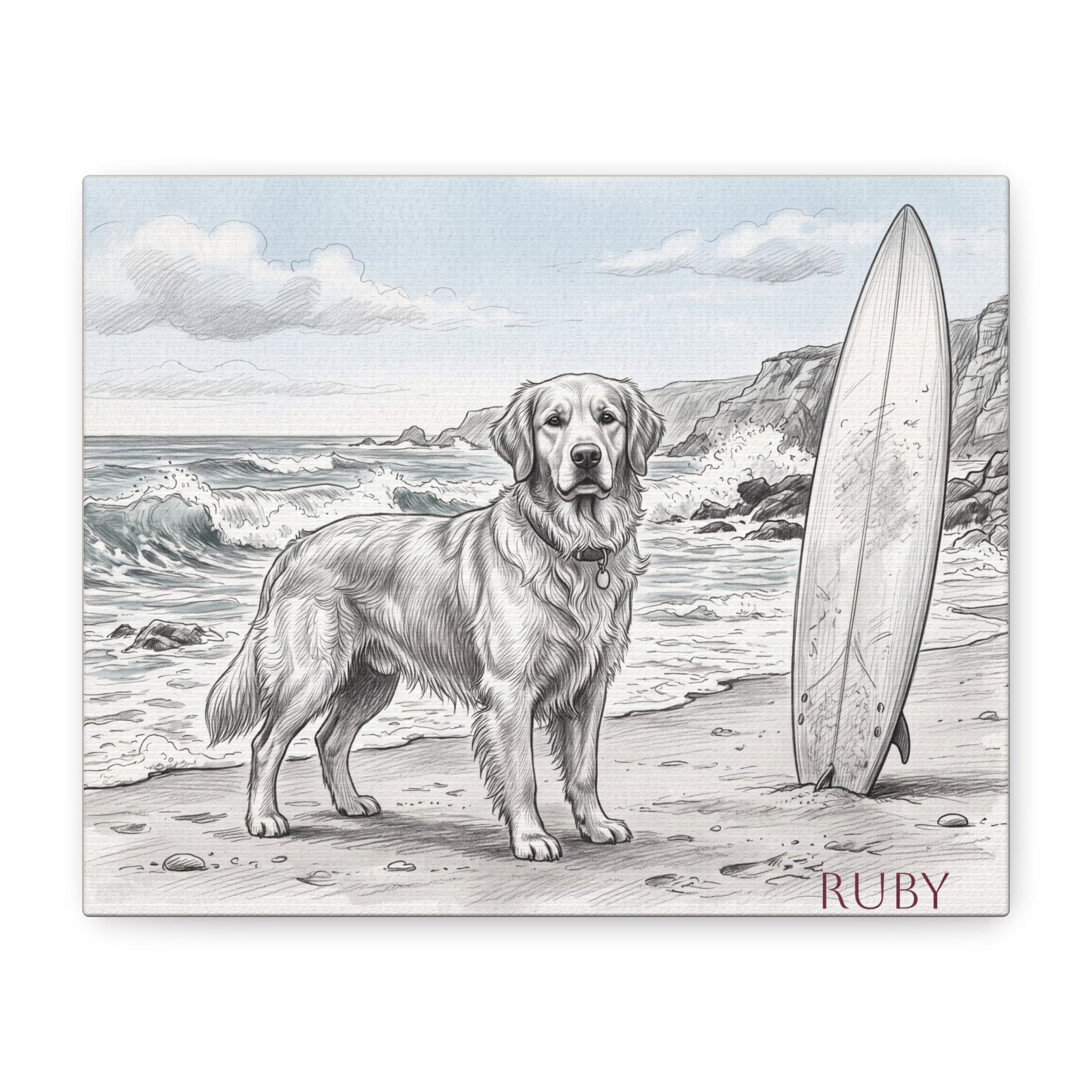 Golden Retriever Beach Sketch Personalized Canvas | Coastal Surf Wall Art