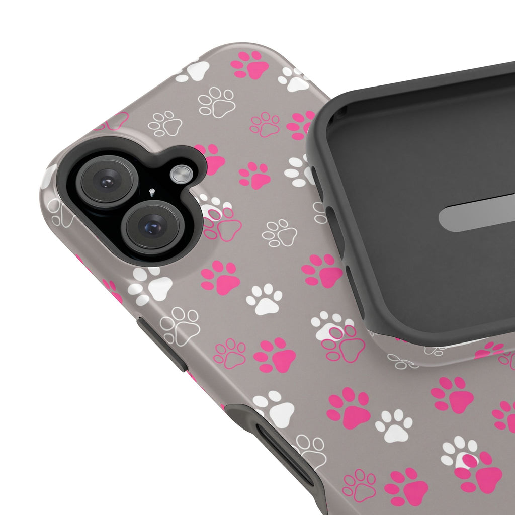 Pink & White Paw Print Phone Case — Impact-Resistant Wireless Charging Cover