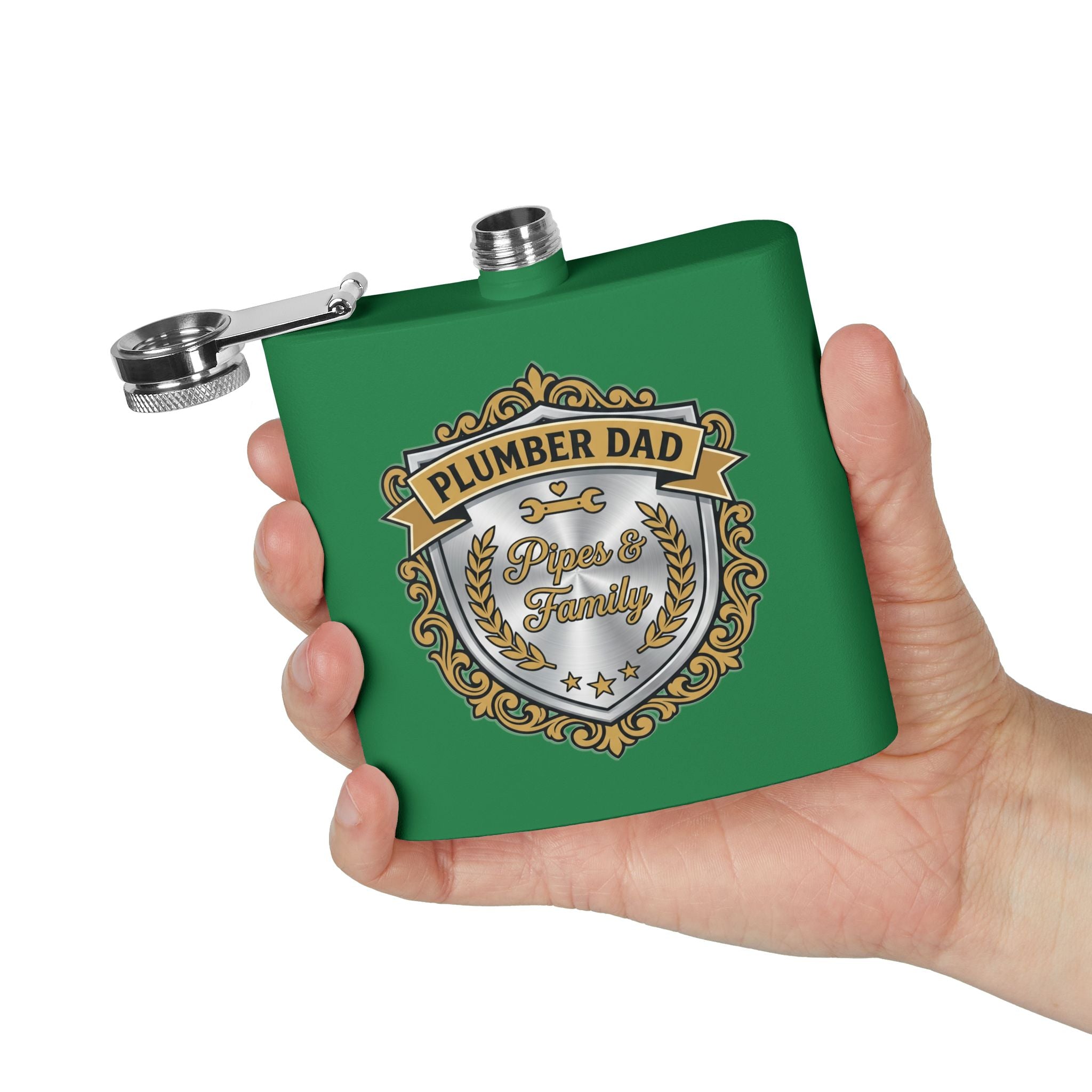 Flask — "Plumber Dad: Pipes & Family" 6oz Stainless Steel Hip Flask