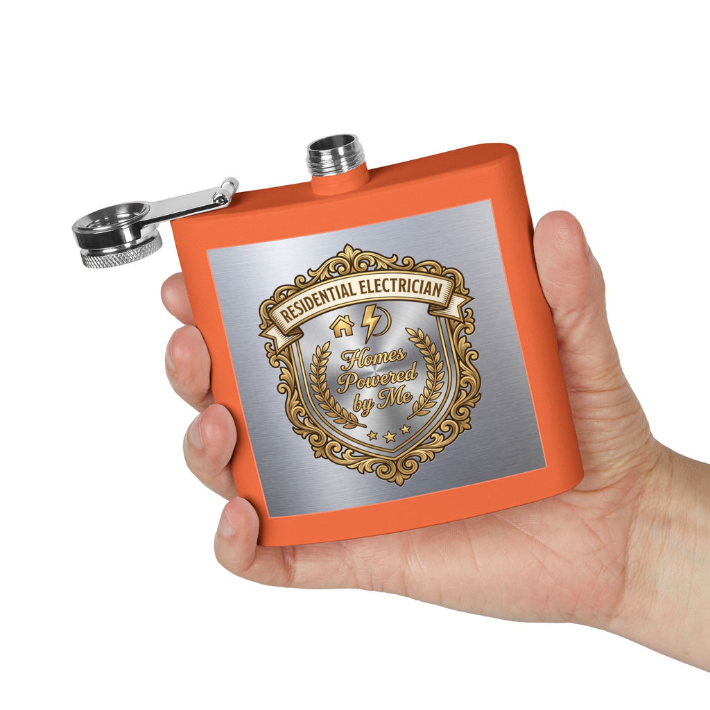 Flask — "Residential Electrician: Homes Powered by Me" (Crest Edition) 6oz Stainless Steel Hip Flask