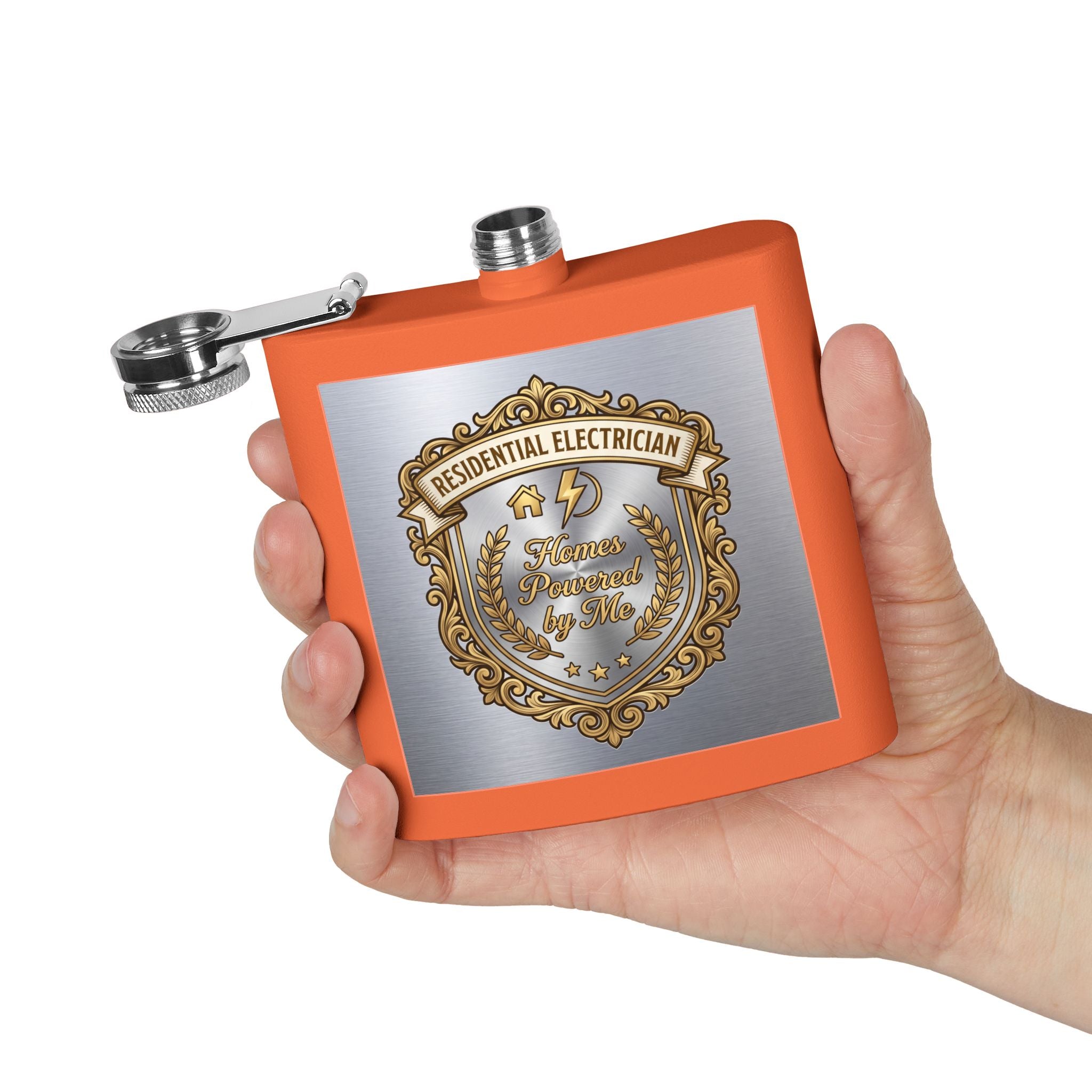 Flask — "Residential Electrician: Homes Powered by Me" (Crest Edition) 6oz Stainless Steel Hip Flask