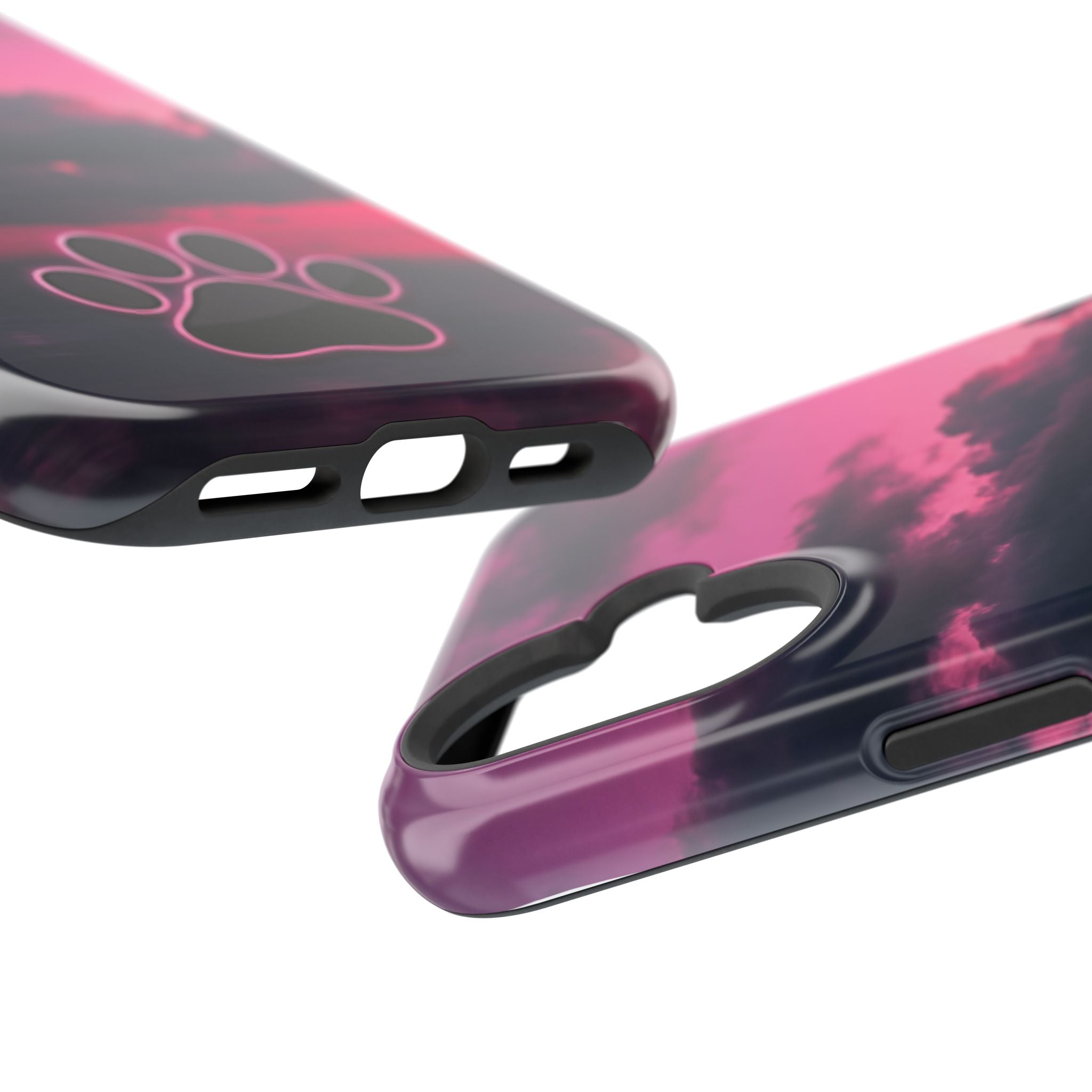iPhone & Samsung Magnetic Impact-Resistant Phone Case — Pink Twilight Cloud with Paw Print