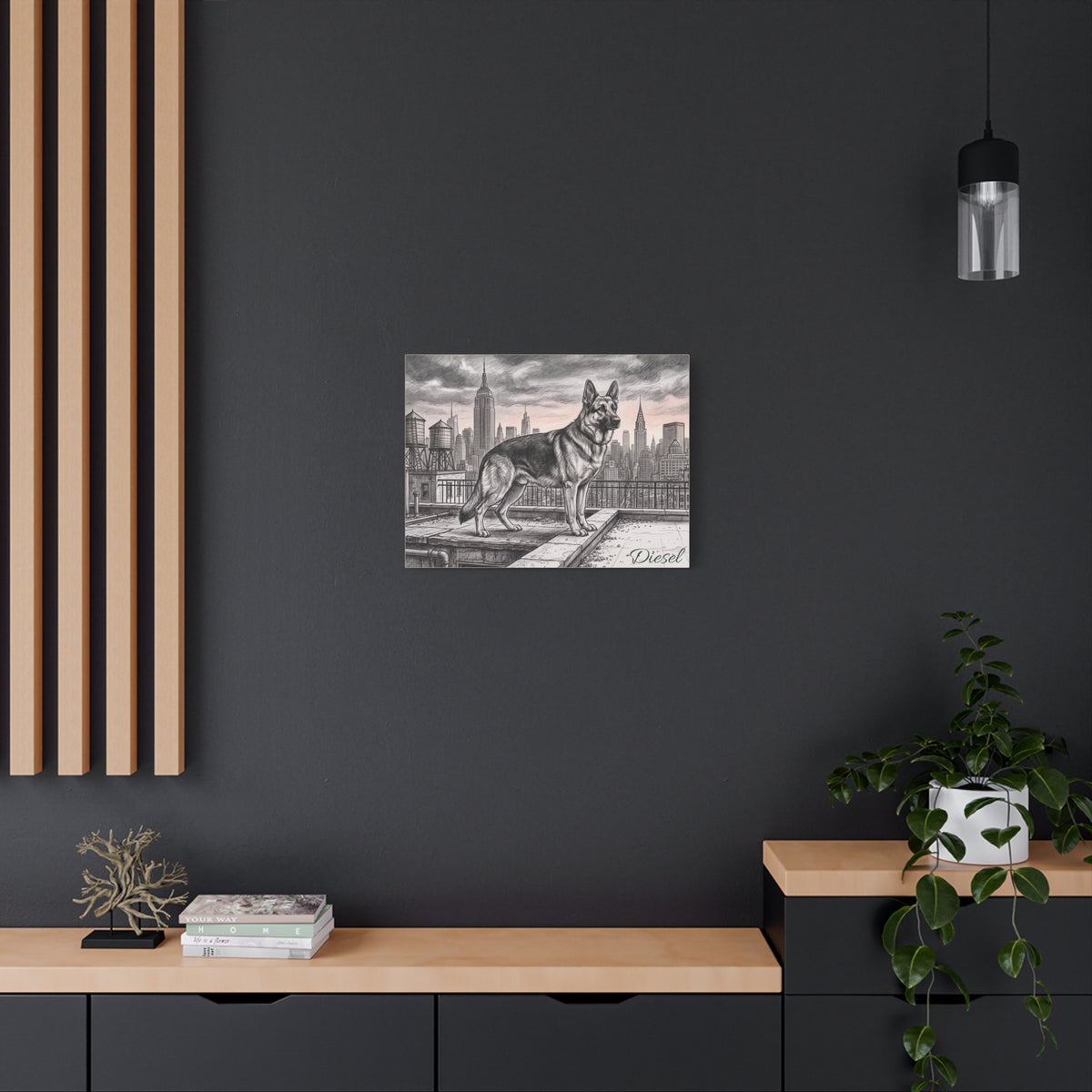 German Shepherd Personalized Canvas | New York City Skyline Sketch Wall Art