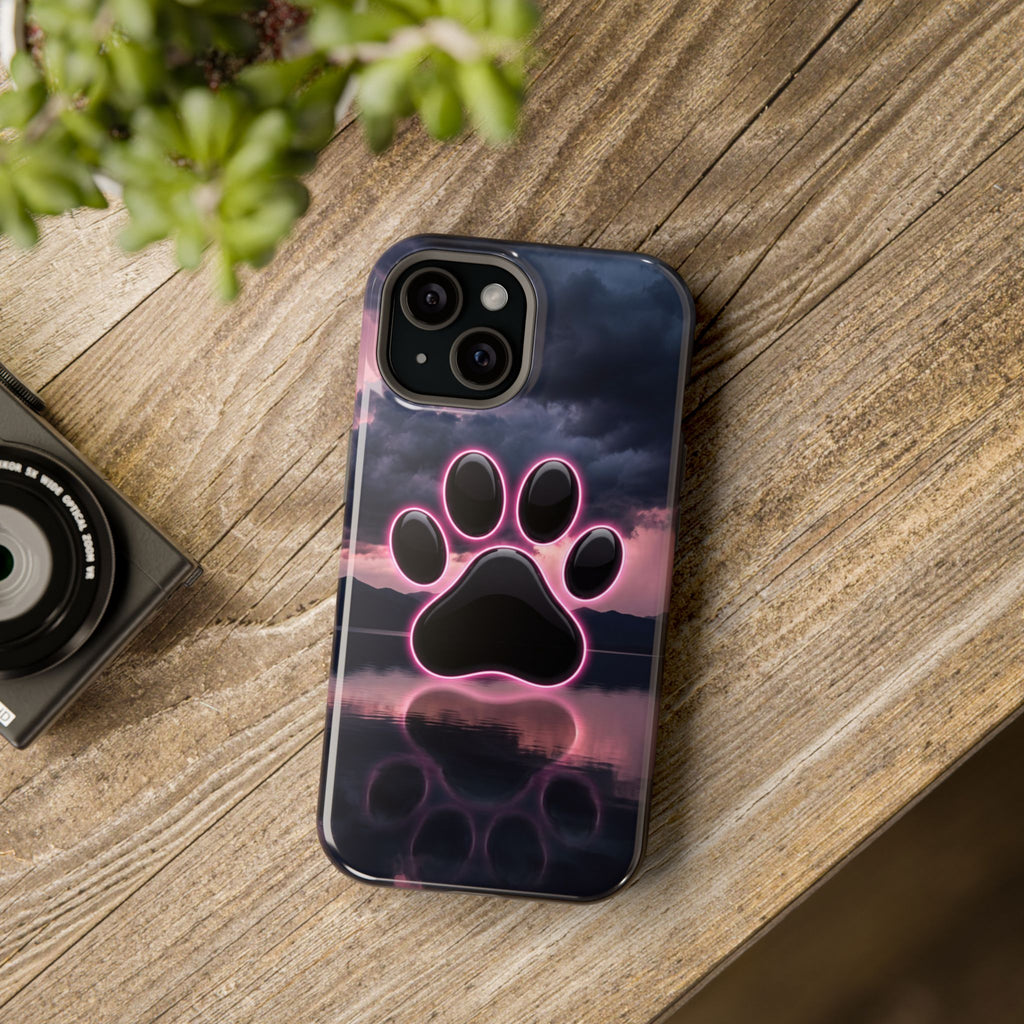 Neon Paw Print Phone Case — Impact-Resistant Wireless Charging Cover