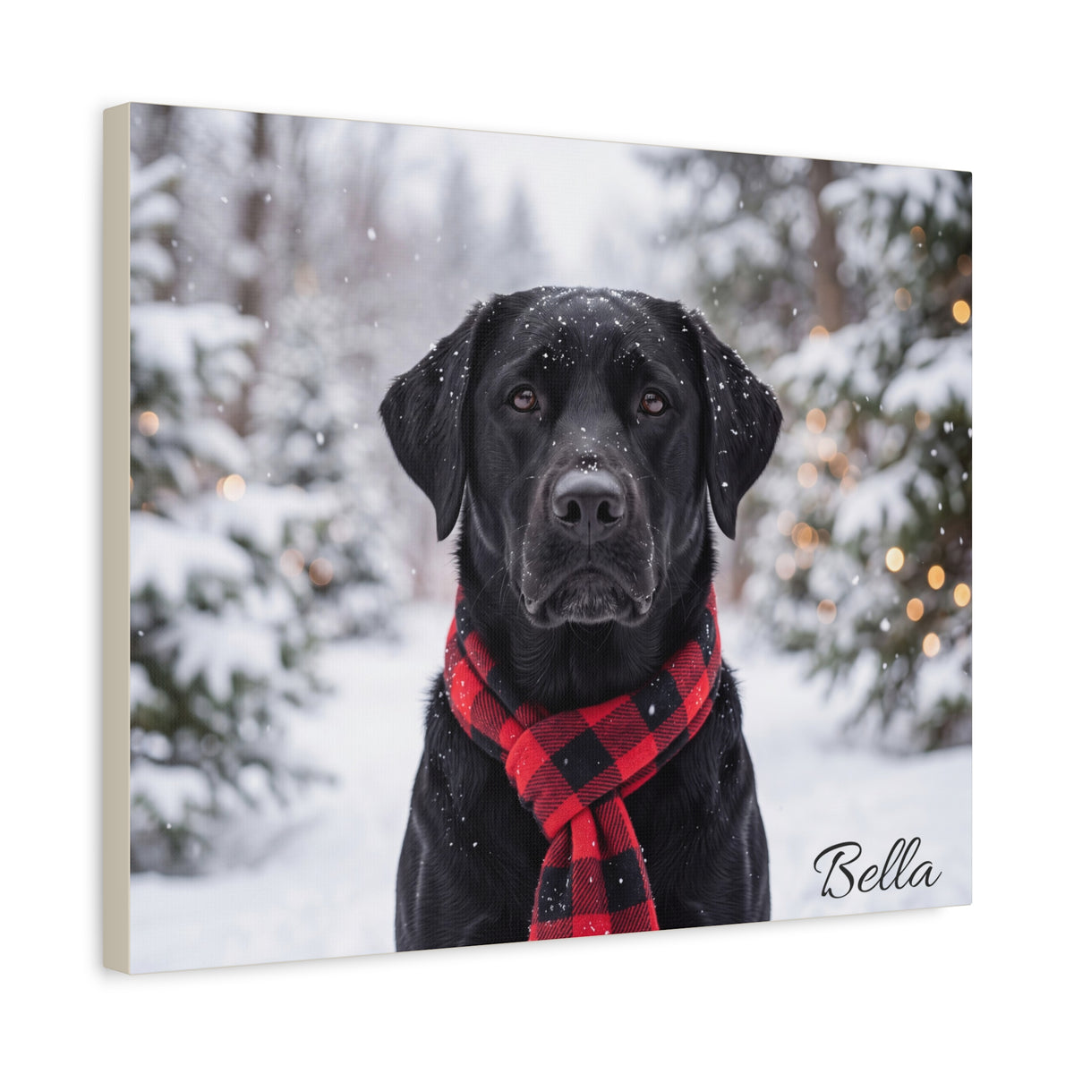 Black Labrador Personalized Canvas | Snowy Christmas Plaid Scarf Wall Art