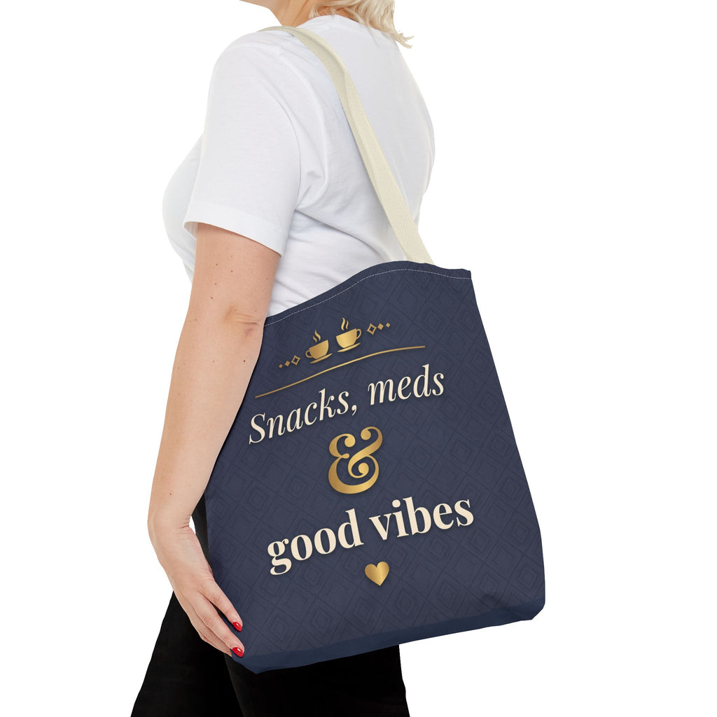 Snacks Meds & Good Vibes Tote | Funny Nurse Gift Tote Bag | Healthcare Worker Humour Gift | Premium Polyester Carry-All