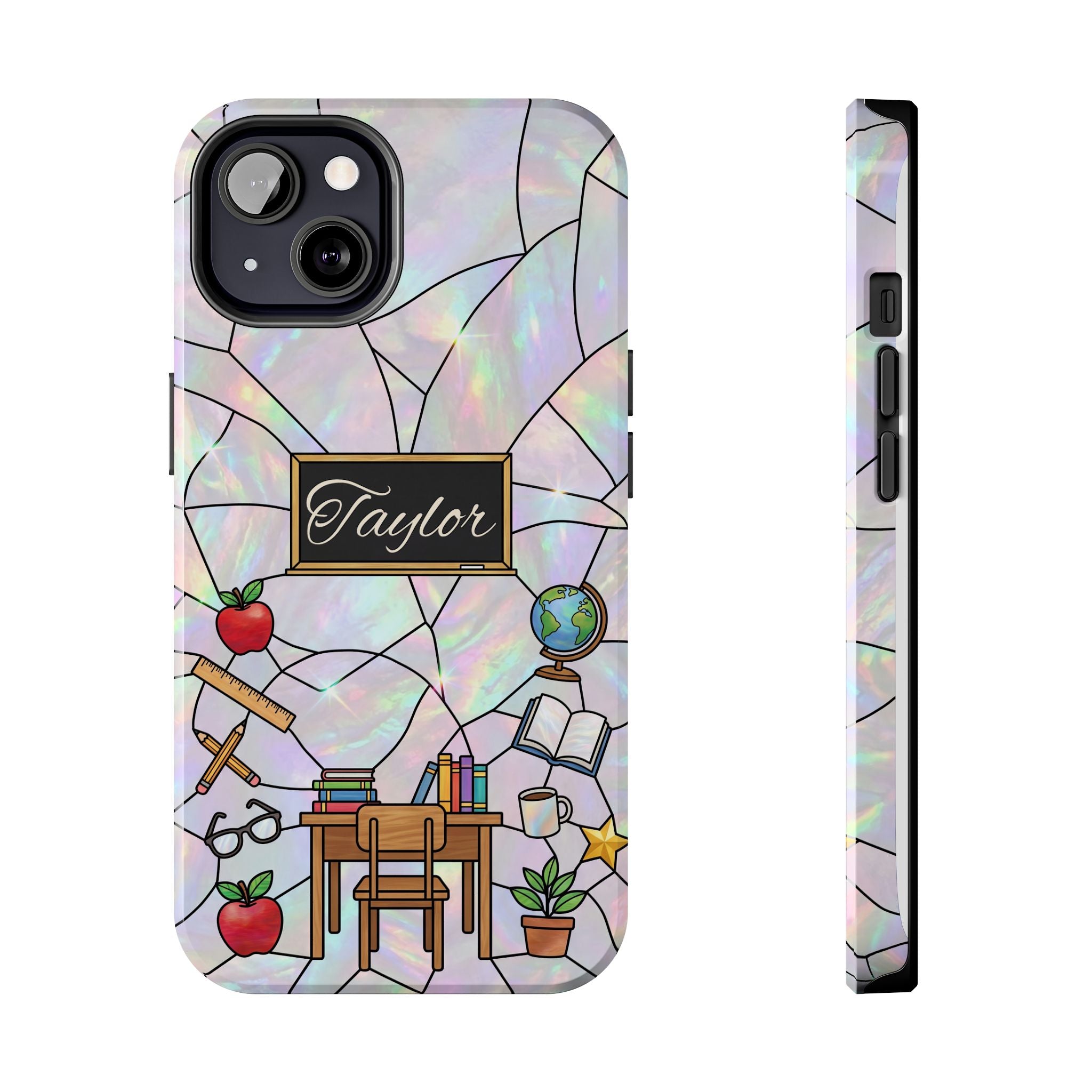 Personalized Teacher Phone Case — Custom Name Stained Glass Classroom Design