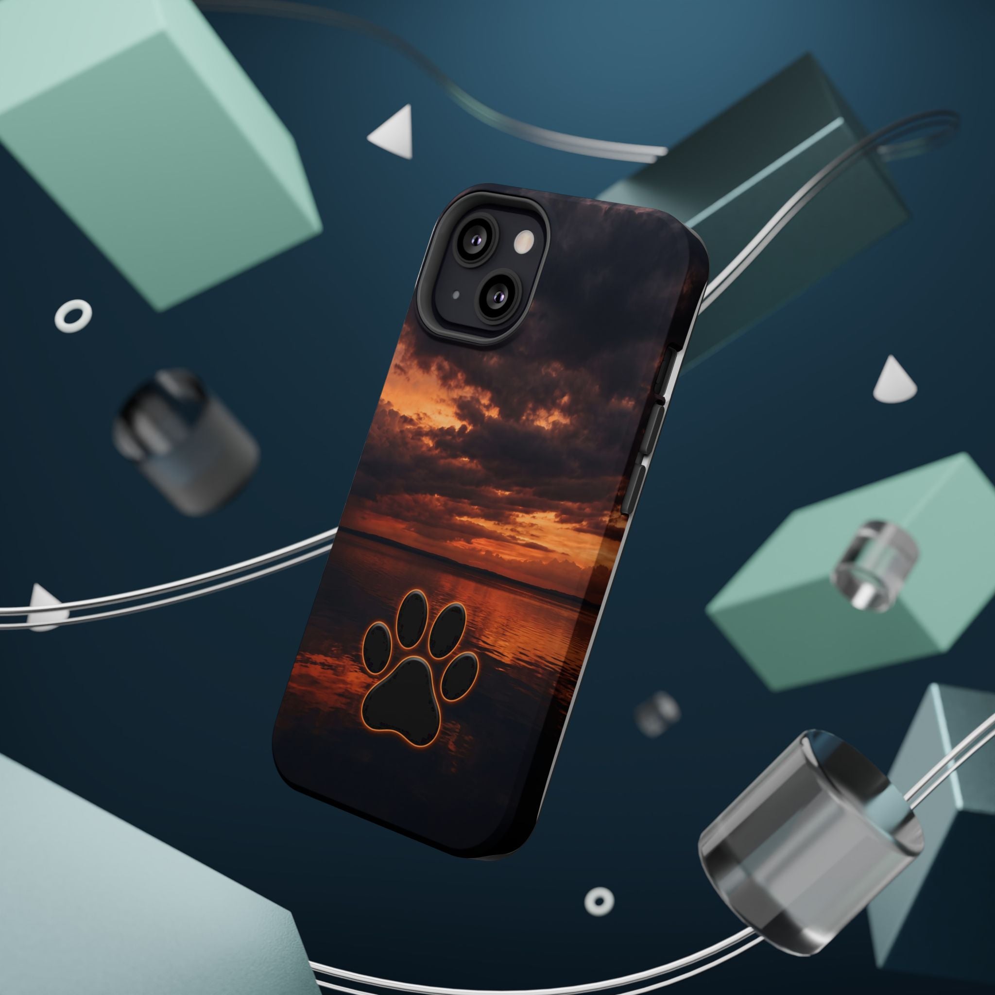 Sunset Paw Print Phone Case — Impact-Resistant Wireless Charging Cover