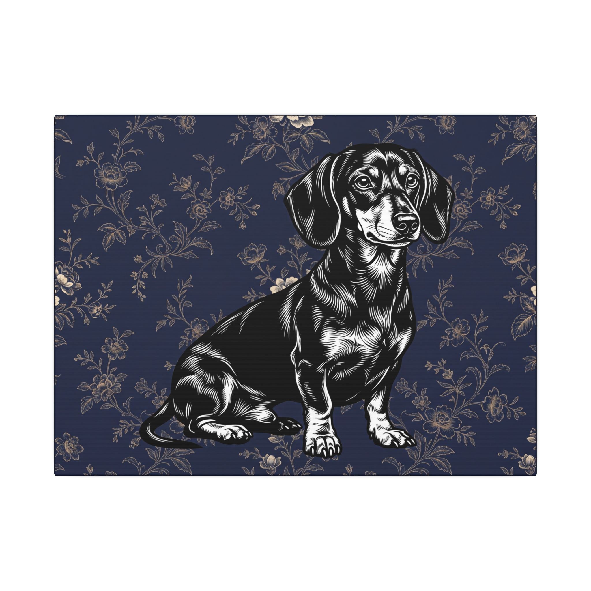 Dachshund Art Canvas – Vintage Floral Navy Matte Stretched Wall Decor