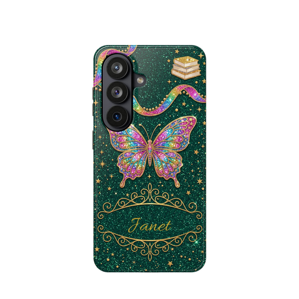 Rainbow Glitter Butterfly Personalized Teacher Phone Case — Wireless Charging Cover