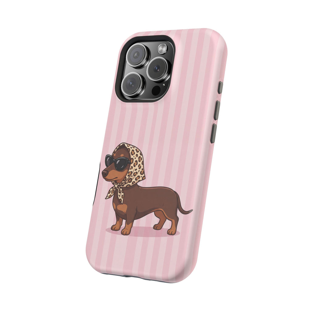 Glam Dachshund Phone Case | Cute Sausage Dog in Leopard Scarf & Sunglasses | Pink Stripe Case for iPhone & Samsung