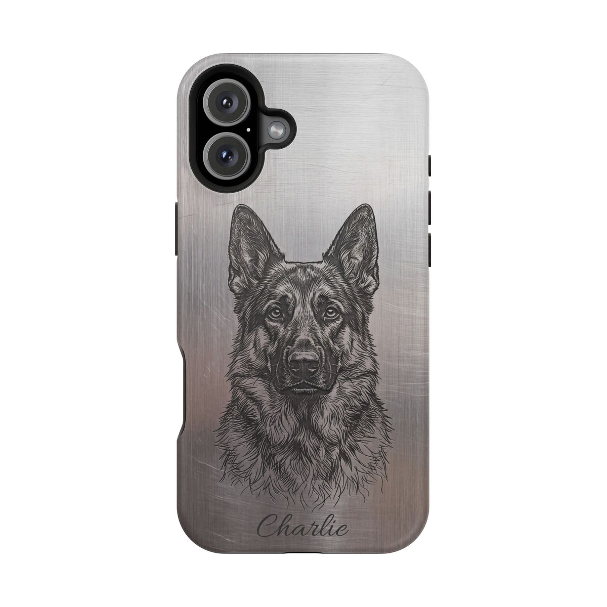 German Shepherd Phone Case | Personalized Etched Silver Art — Tough Magnetic Case with Wireless Charging