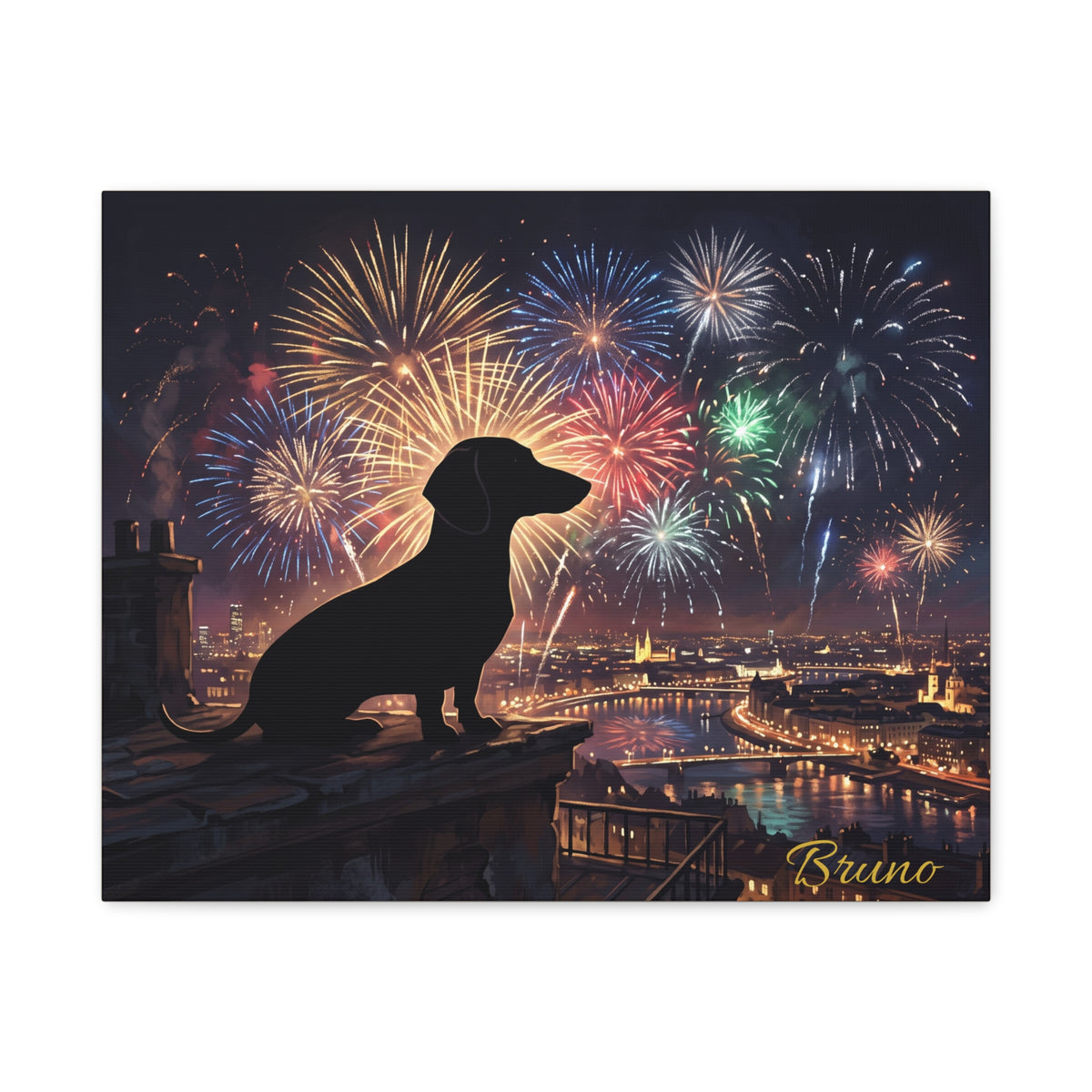 Personalized Dachshund Canvas — City Fireworks Scene