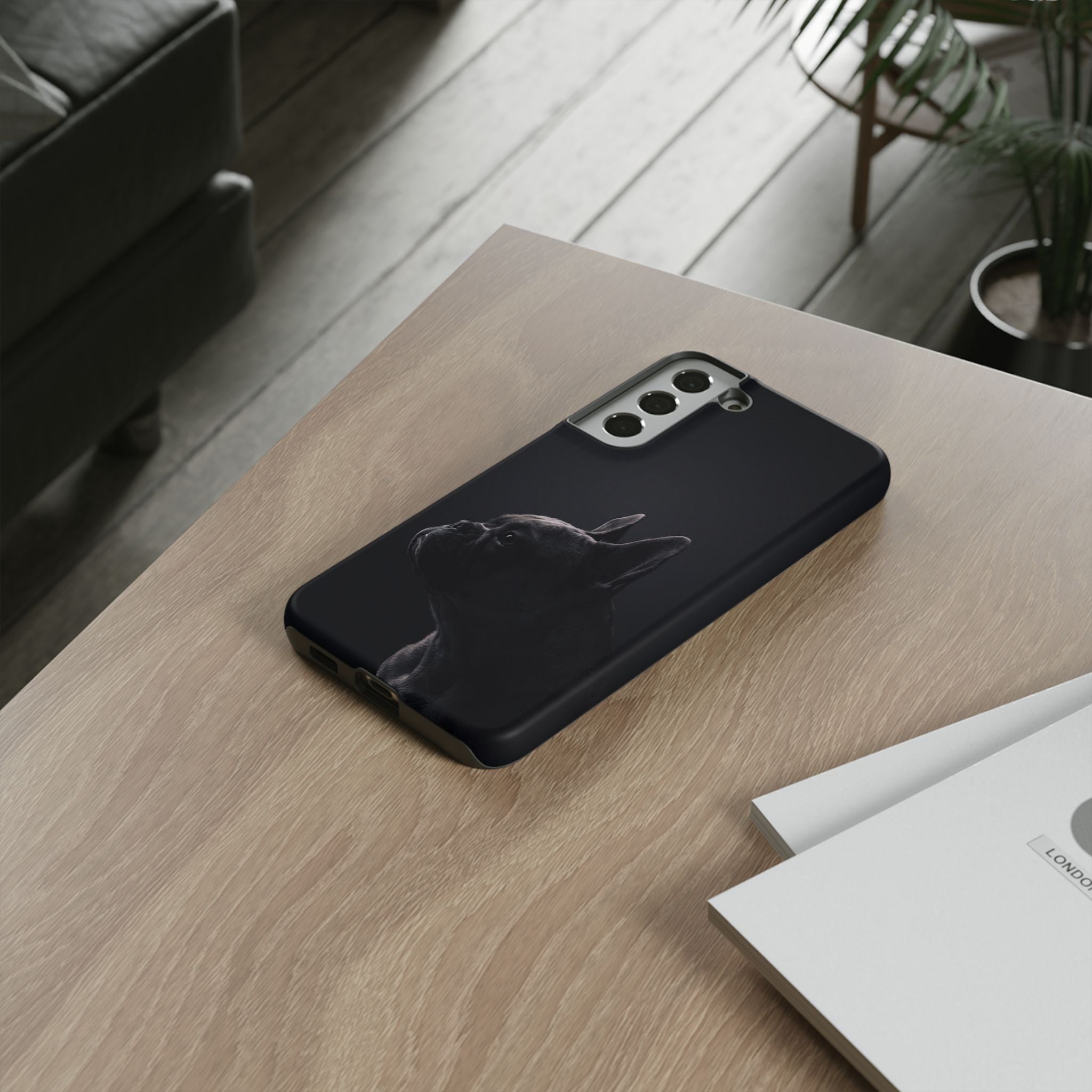 Silhouette French Bulldog Phone Case | Minimalist Black-on-Black Frenchie Profile | iPhone & Samsung