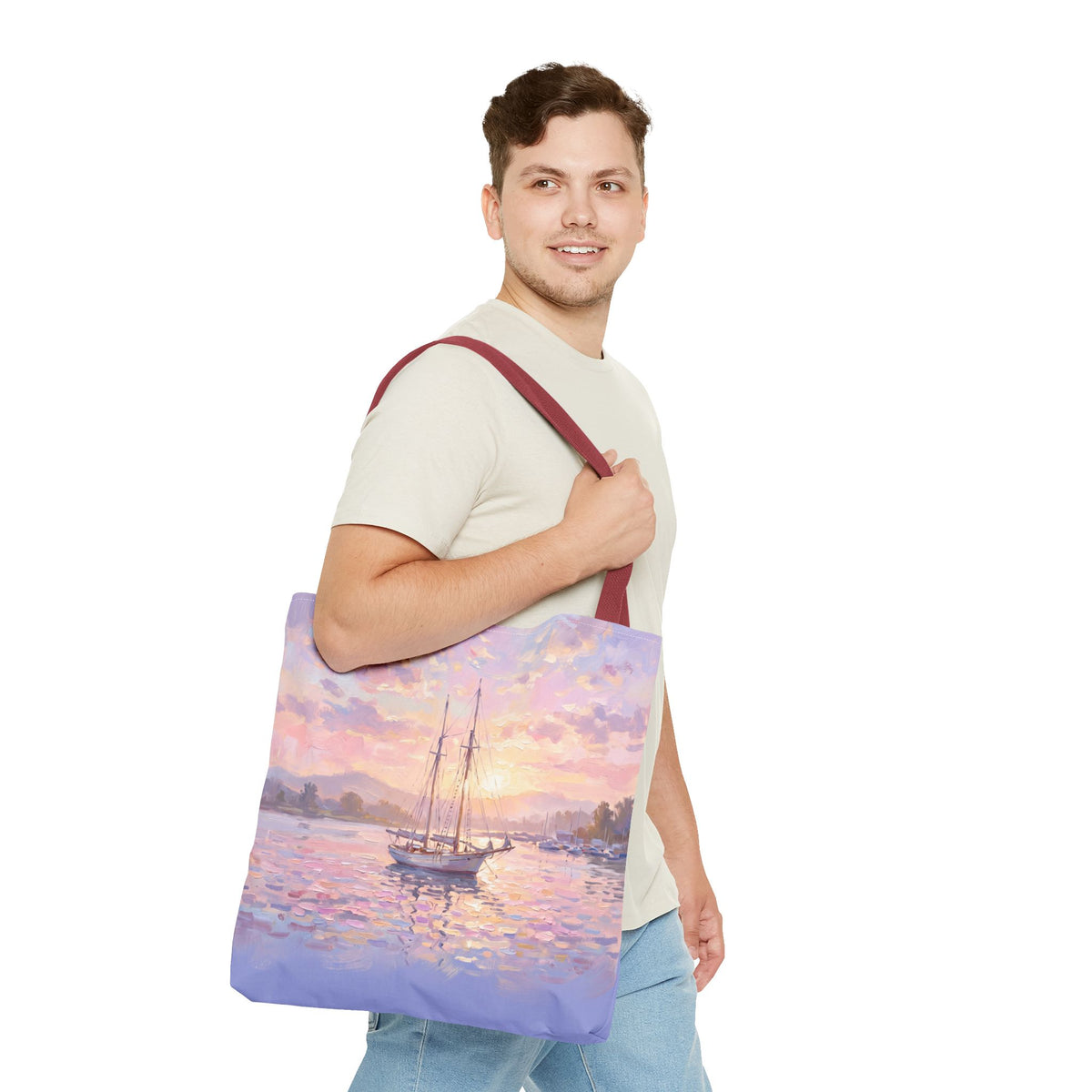 Pastel Sailboat Tote Bag – Impressionist Sunset Harbor Beach Bag