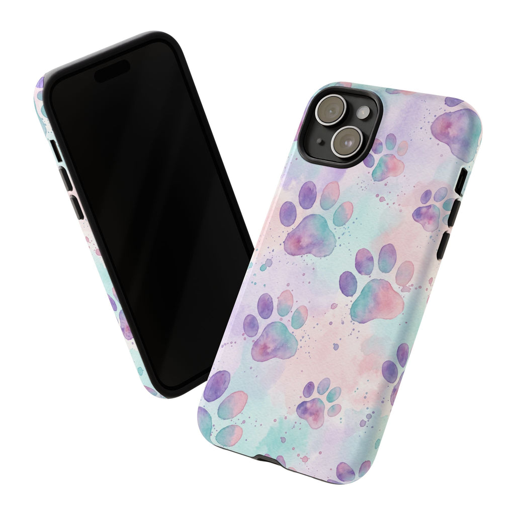 Watercolor Paw Print Phone Case | Pastel Purple, Teal & Pink Artistic Pattern | Samsung & iPhone