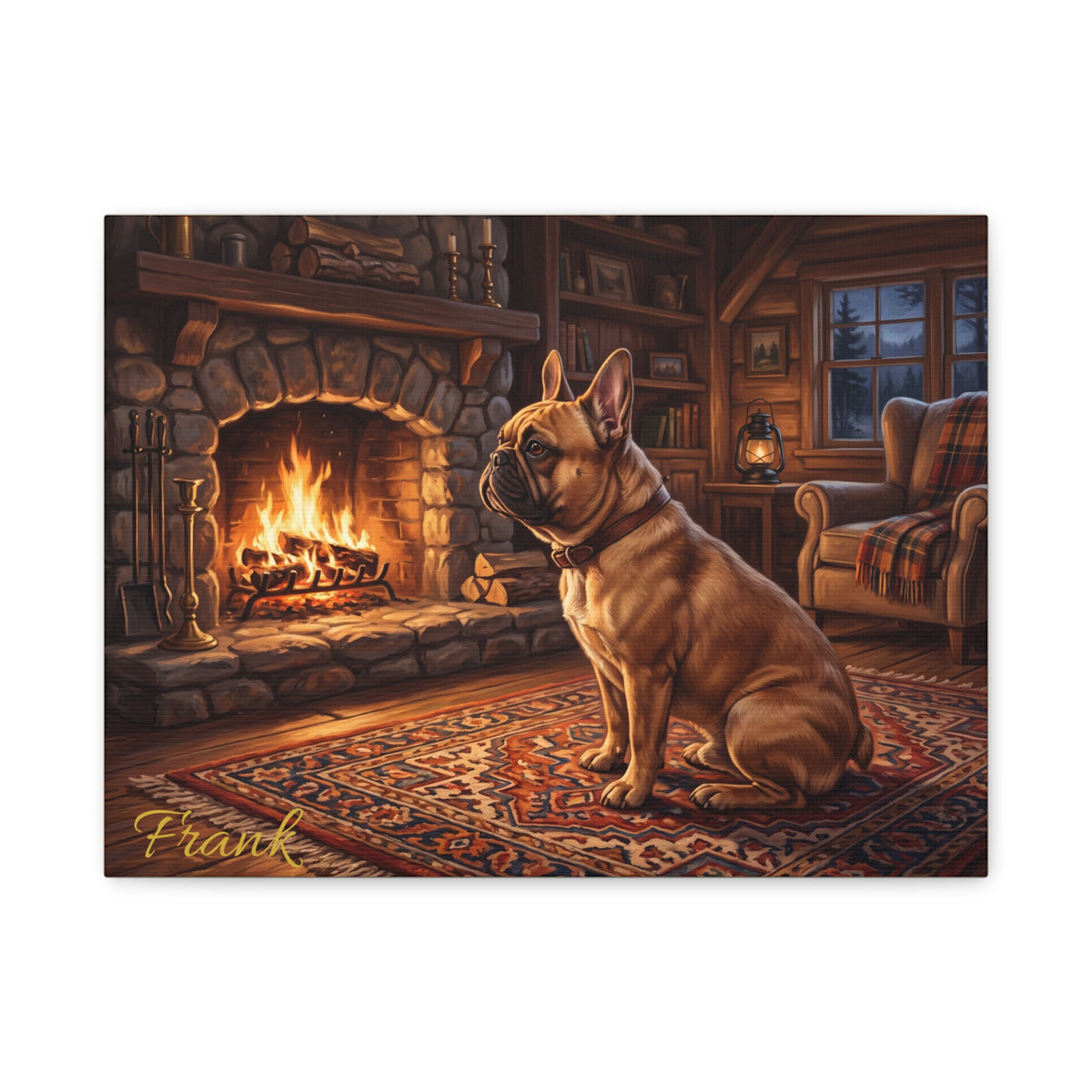 French Bulldog Personalized Canvas | Cozy Cabin Fireplace Wall Art