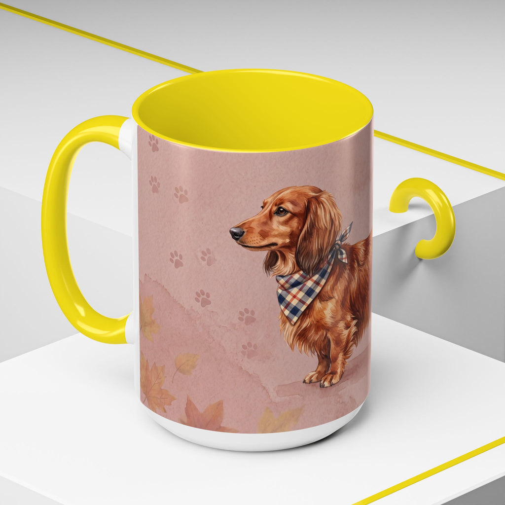 Dachshund Lover Mug | Long-Haired Wiener Dog with Plaid Bandana, Dusty Rose Watercolor Dog Gift