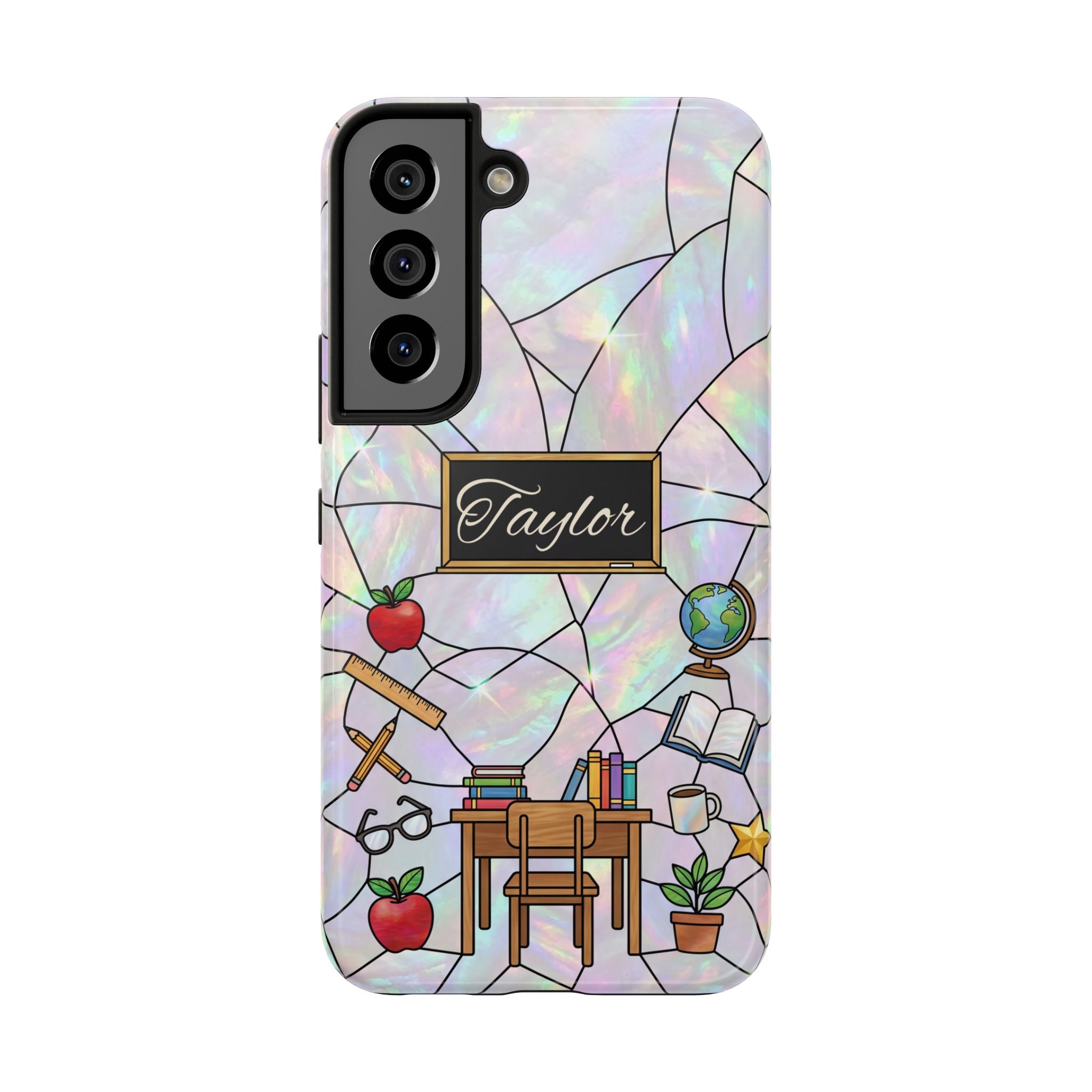 Personalized Teacher Phone Case — Custom Name Stained Glass Classroom Design