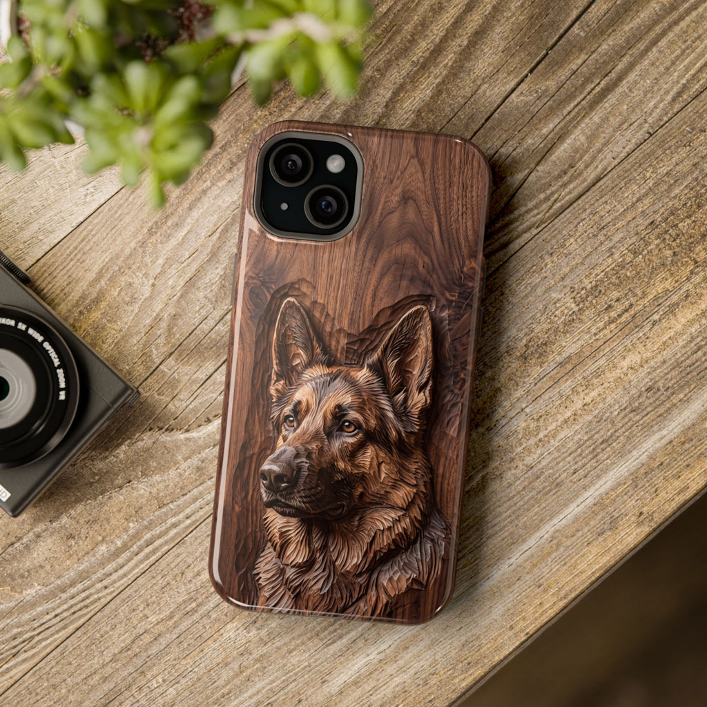 German Shepherd Phone Case | Carved Walnut Art — Tough Magnetic Case with Wireless Charging