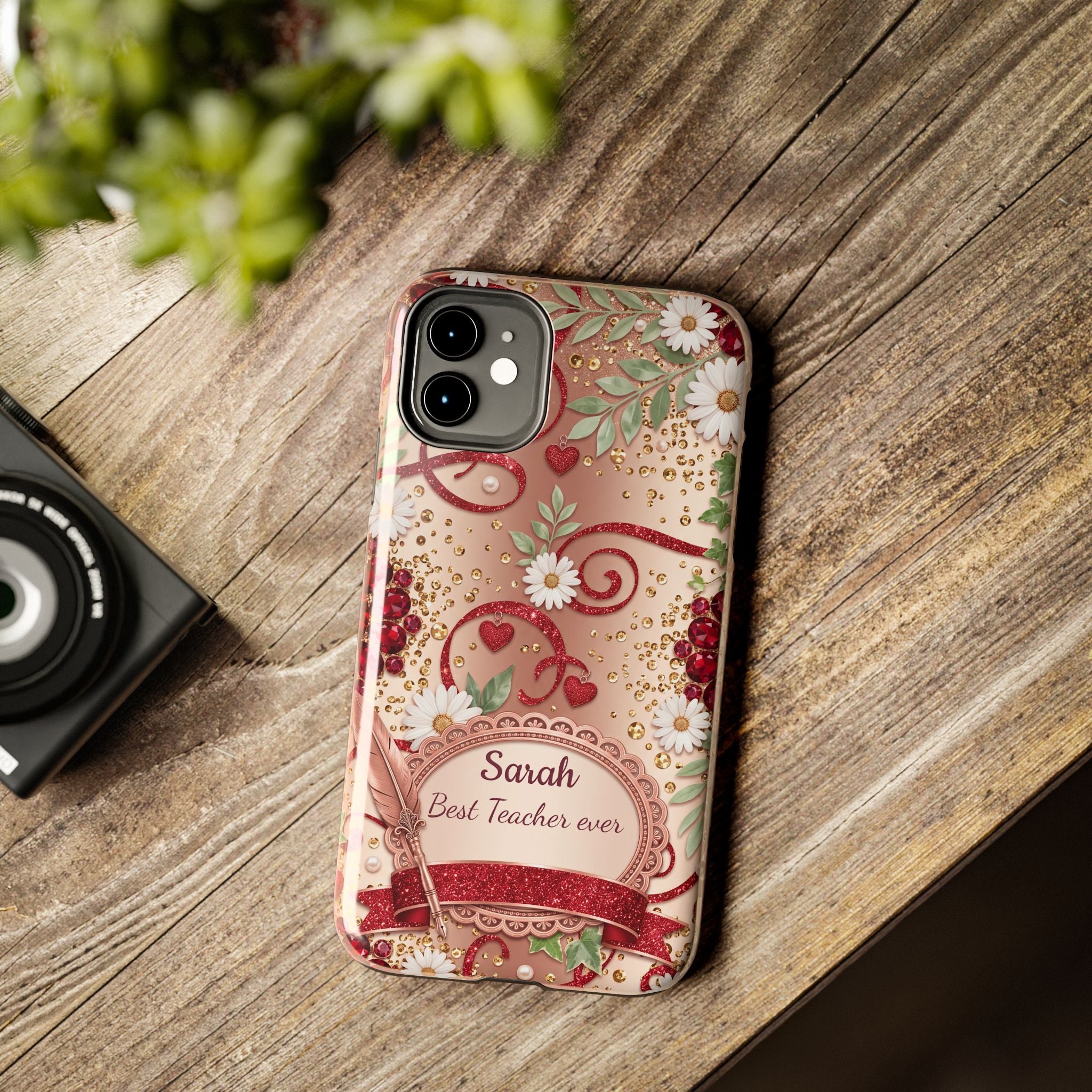 Personalized Teacher Phone Case — Custom Name and Message - Floral Jeweled Design