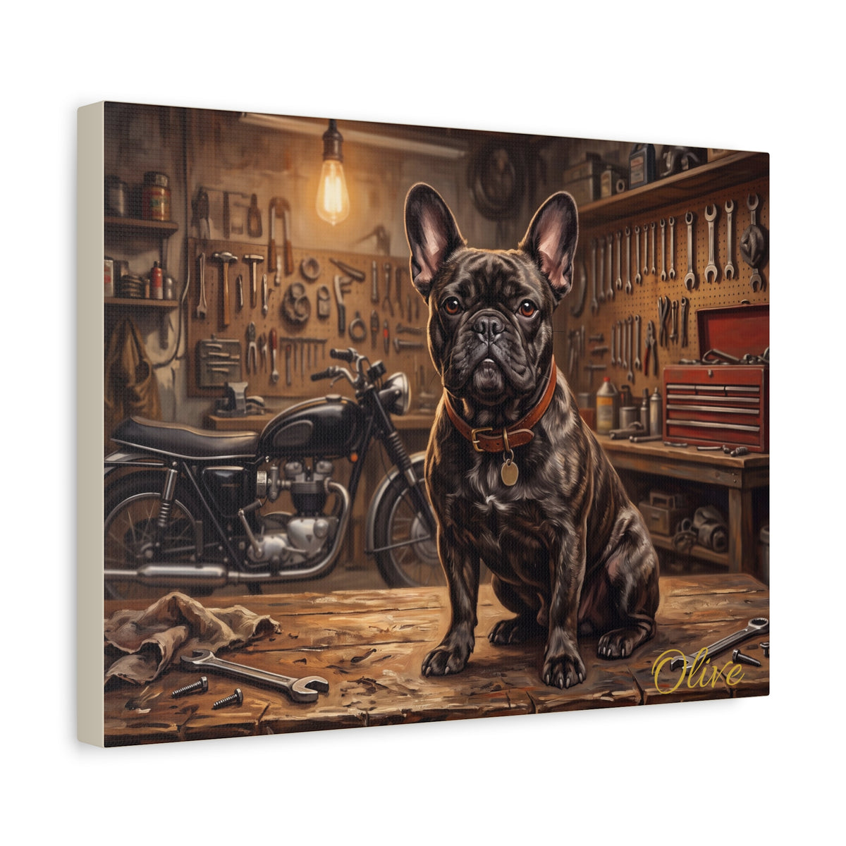 French Bulldog Personalized Canvas | Brindle Frenchie Vintage Mechanic Garage Wall Art