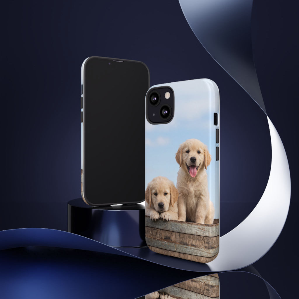 Golden Retriever Puppies on Barrel Phone Case | Cute Duo Under Blue Sky | iPhone & Samsung