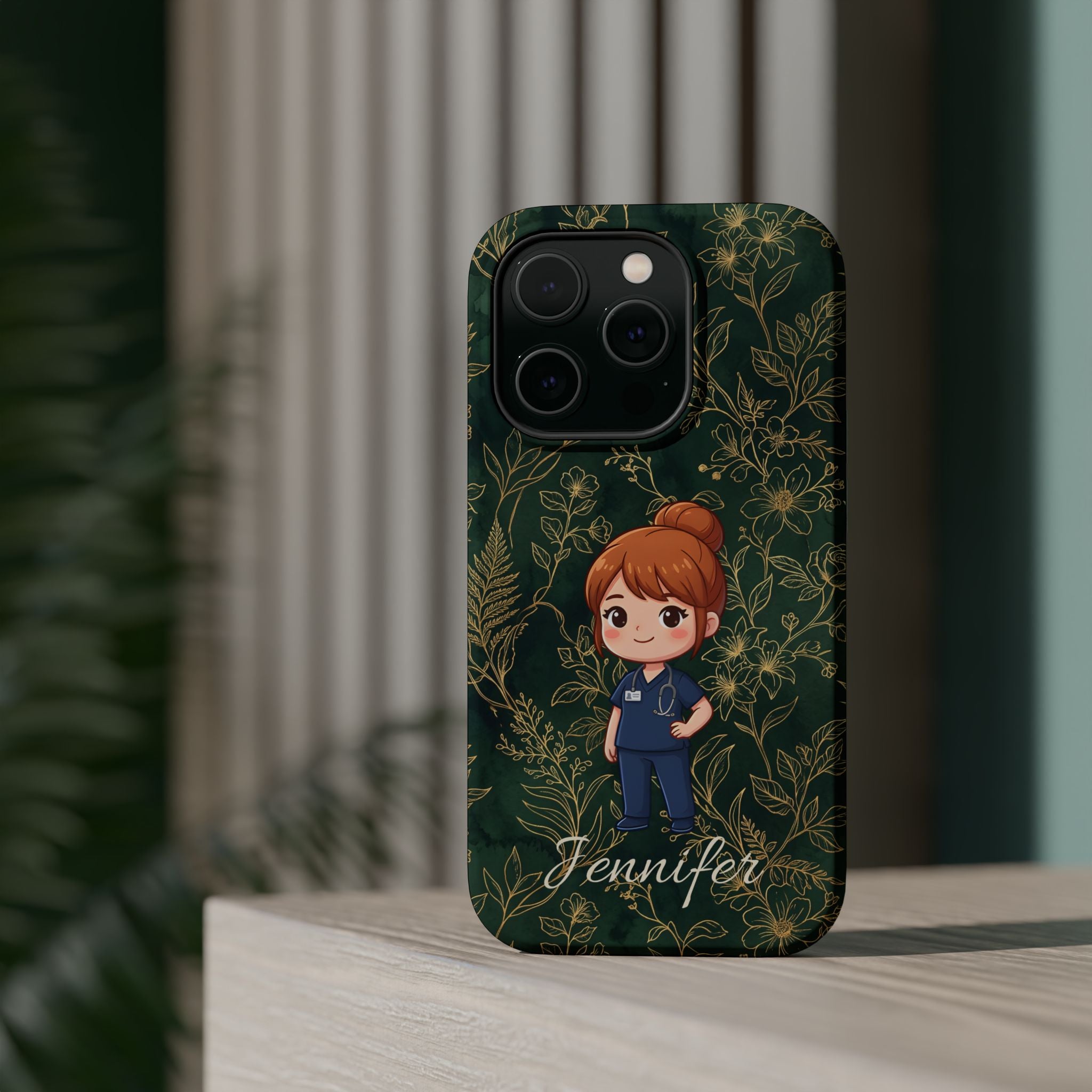 Personalized Nurse Botanical Phone Case — Impact-Resistant Wireless Charging Cover