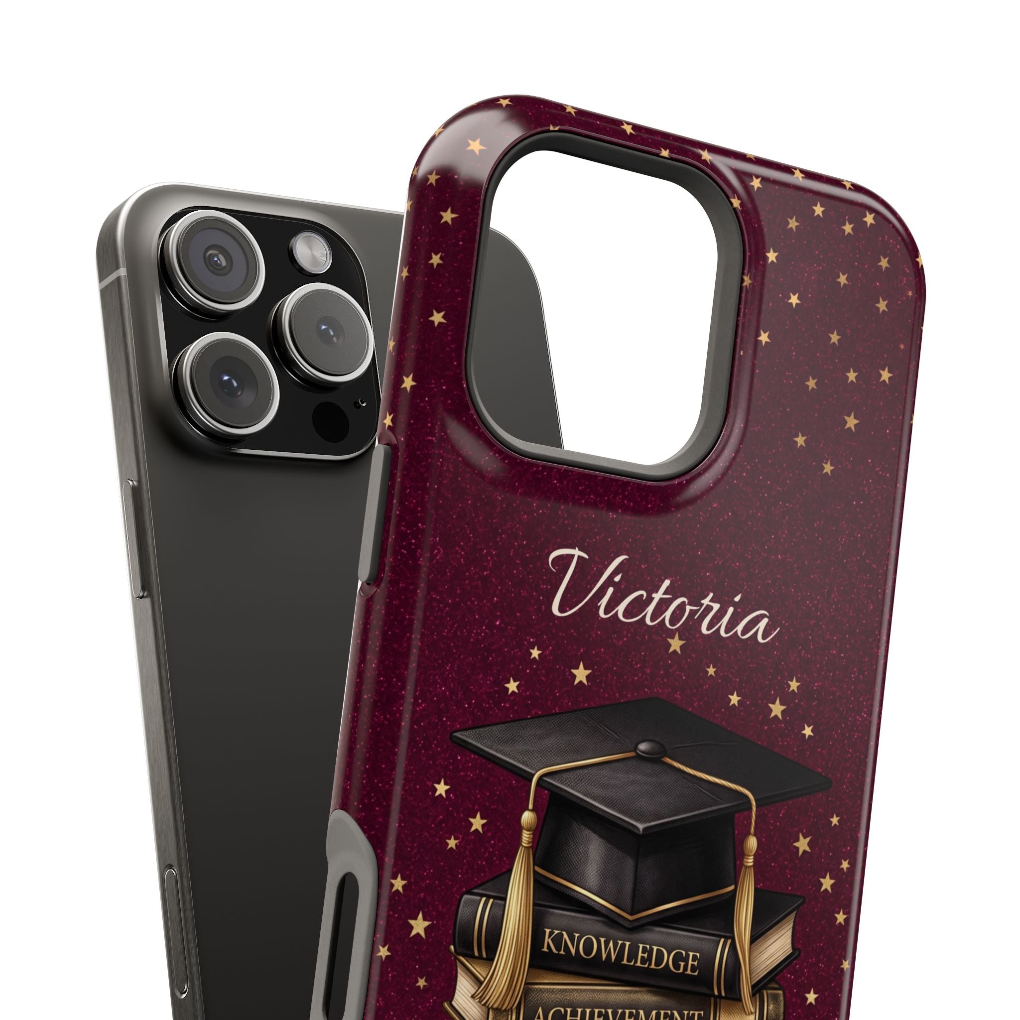 Graduation Cap & Books Personalized Teacher Phone Case — Wireless Charging Cover