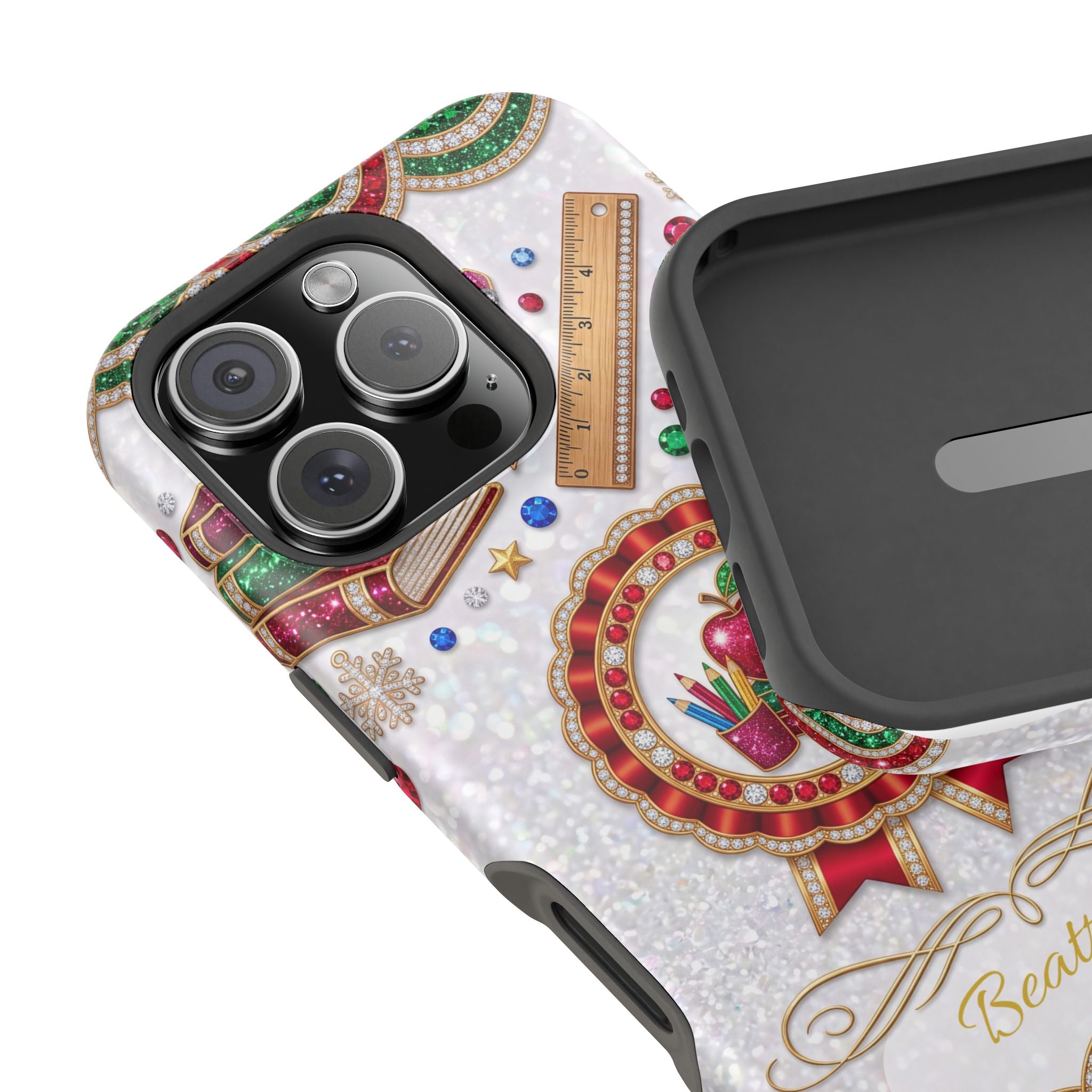 Jeweled Apple Medallion Personalized Teacher Phone Case — Wireless Charging Cover