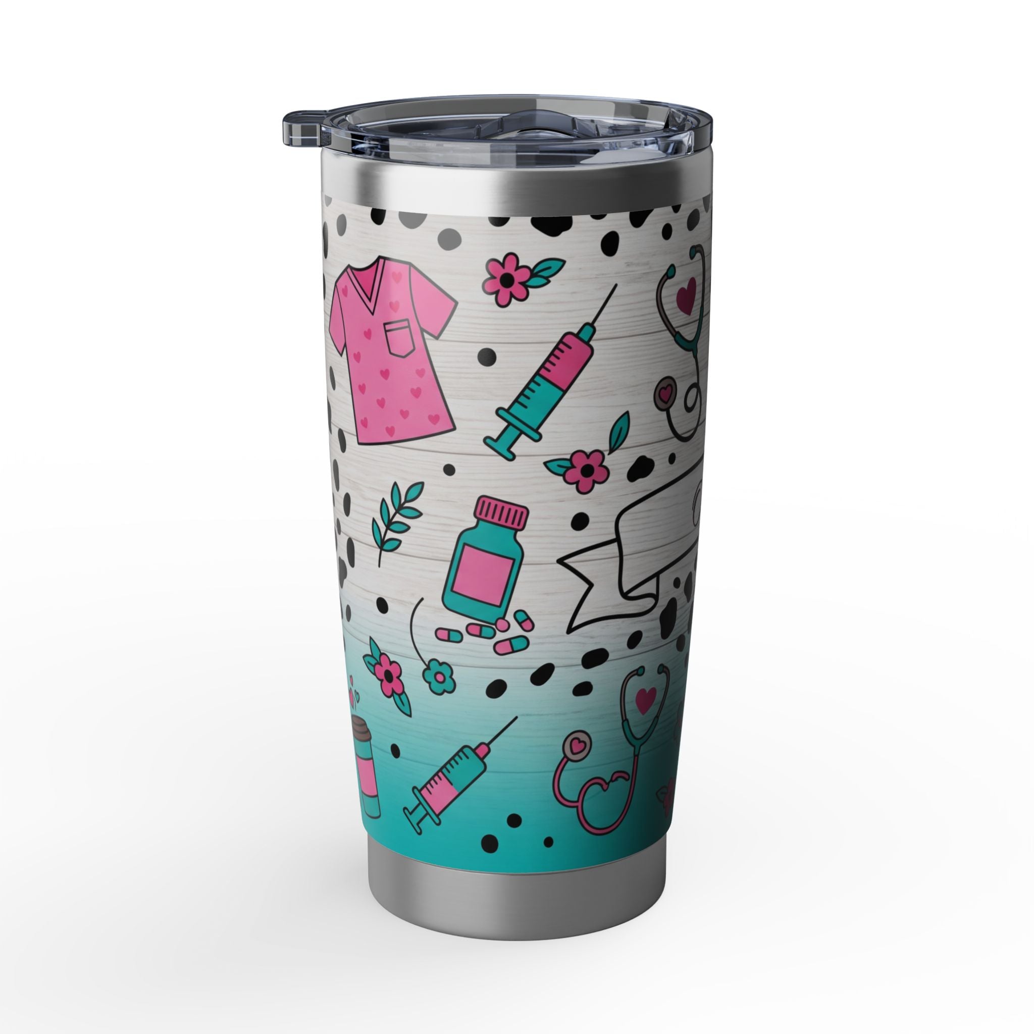 Personalized Nurse Tumbler – Custom Name Dalmatian Print Teal 20 oz