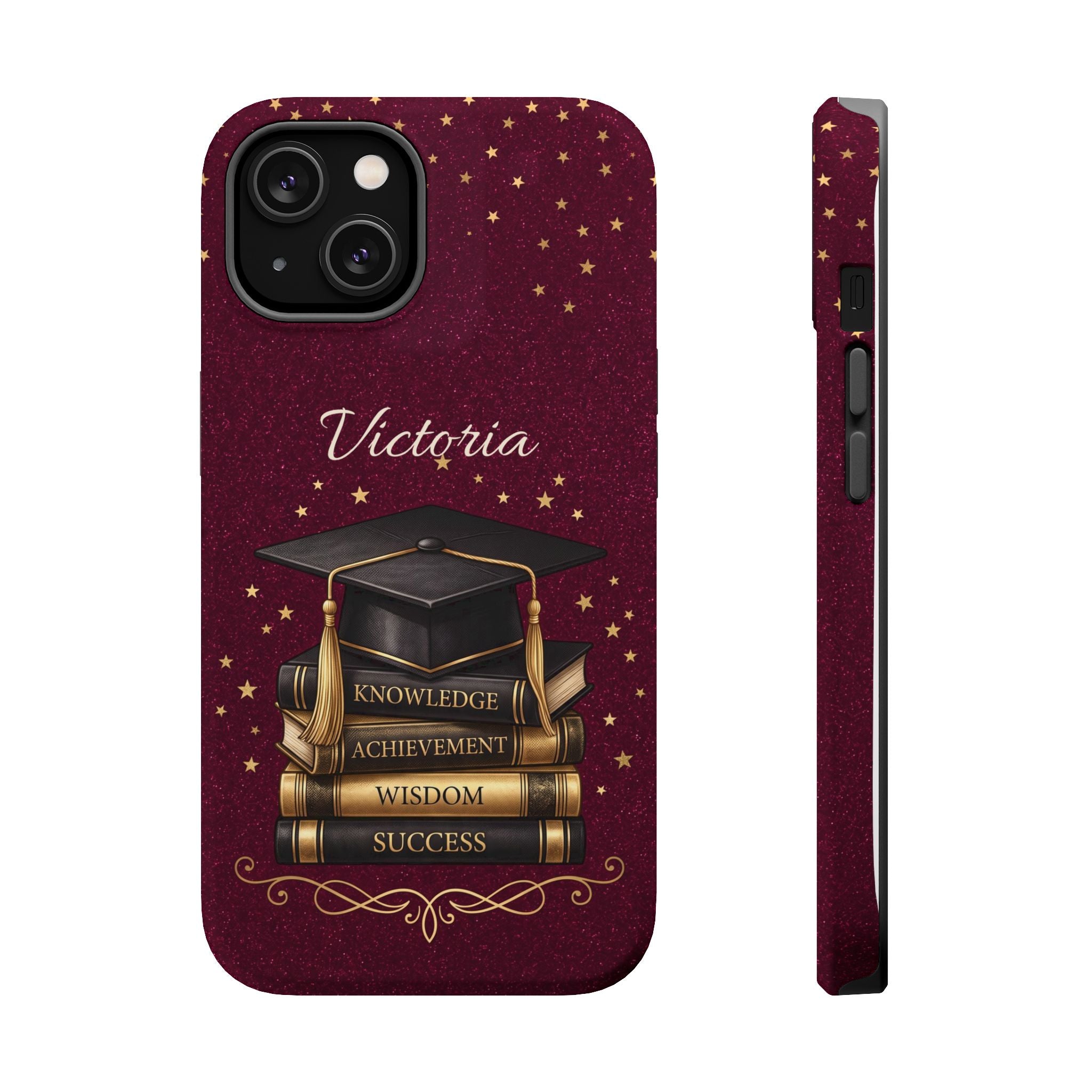 Graduation Cap & Books Personalized Teacher Phone Case — Wireless Charging Cover