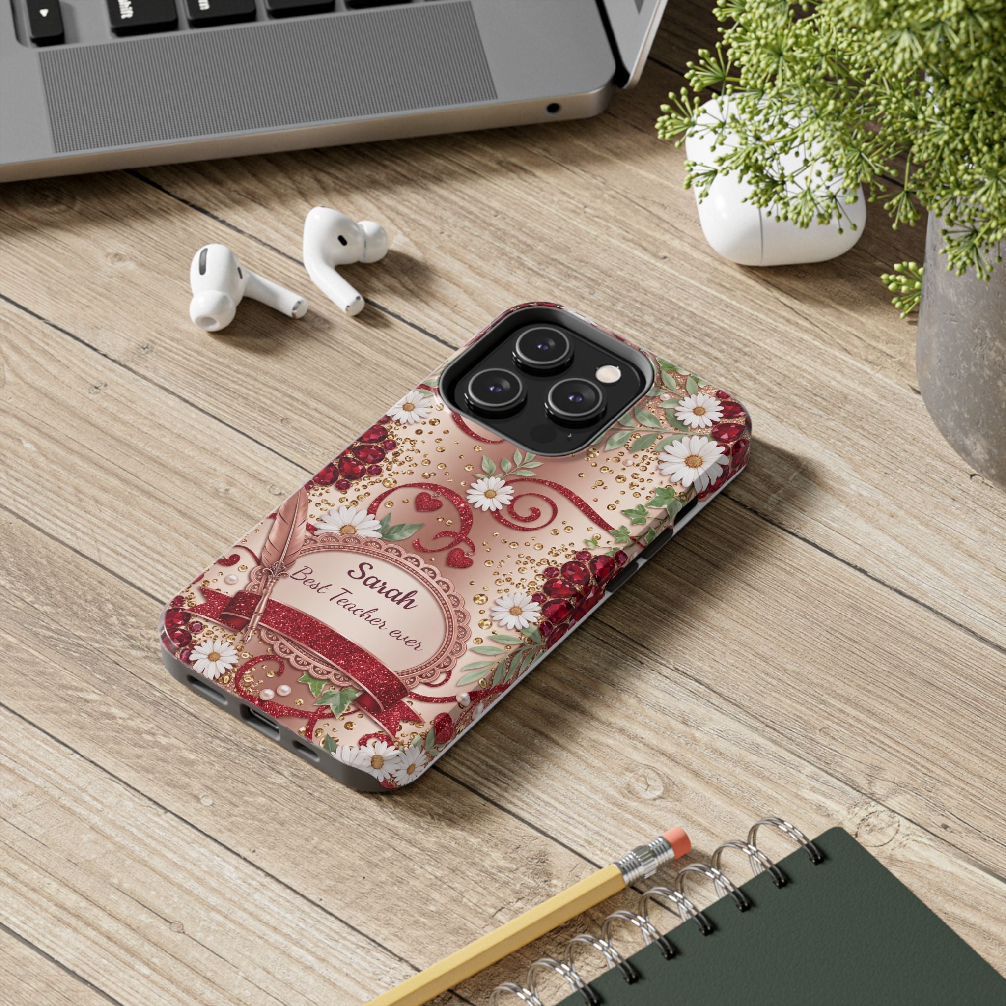 Personalized Teacher Phone Case — Custom Name and Message - Floral Jeweled Design