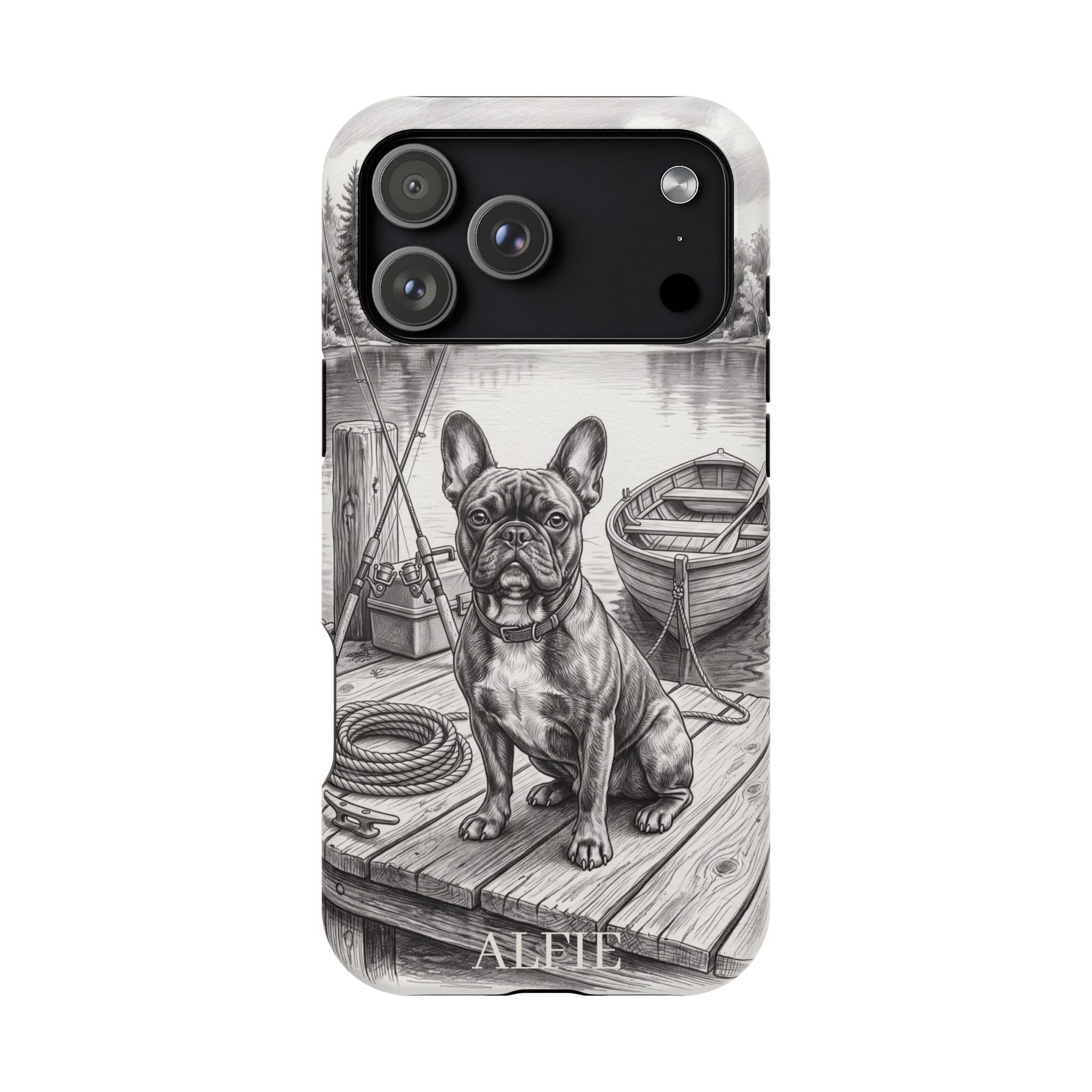 Personalized French Bulldog Lakeside Dock Phone Case — Wireless Charging Cover